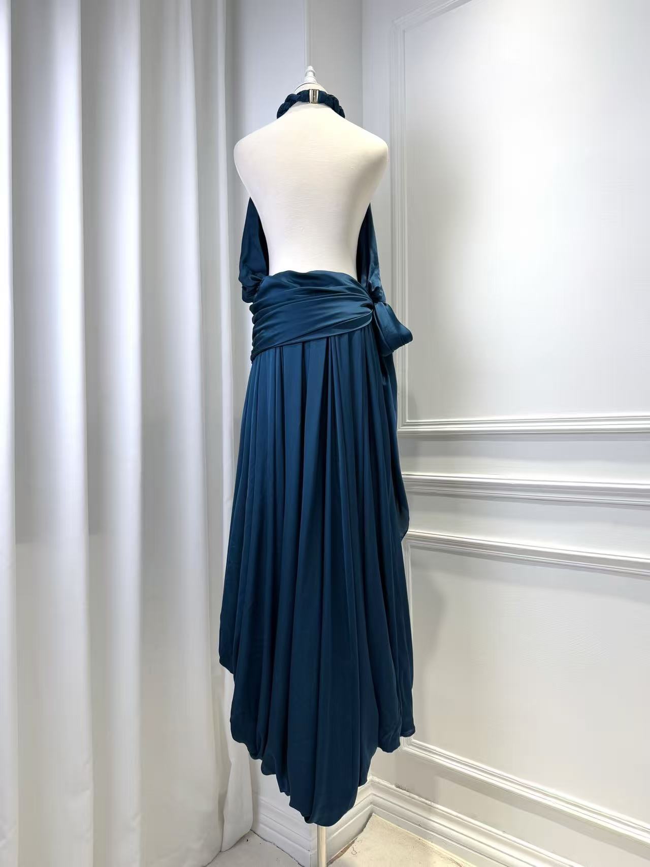 Lovestahl Frilled Halter Satin Maxi Dress Women Elastic Waist Self Tie Belt Gown Irregular Ruched Layered Long Dress Wedding Guest Formal Evening Party Dress