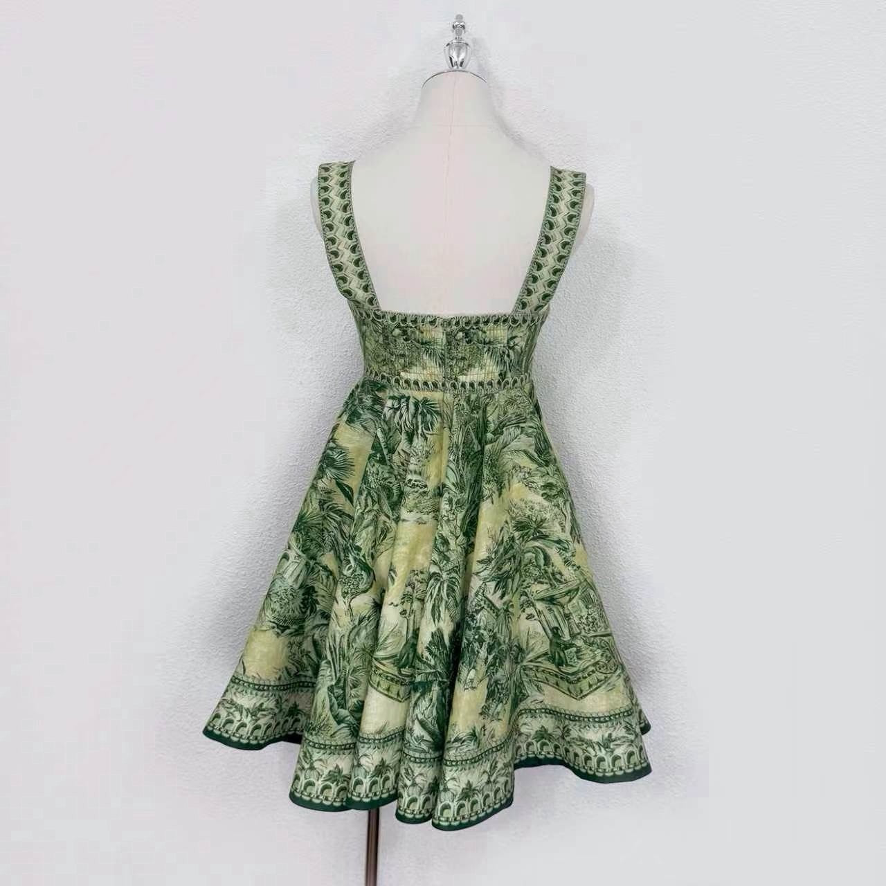 2026 women lovestahl Lovestahl Women Vintage Green Jungle Landscape Print Mini Dress Sweetheart Neck Wide Strap High Waist A Line Flare Short Sundress Retro Vacation Cocktail Dress