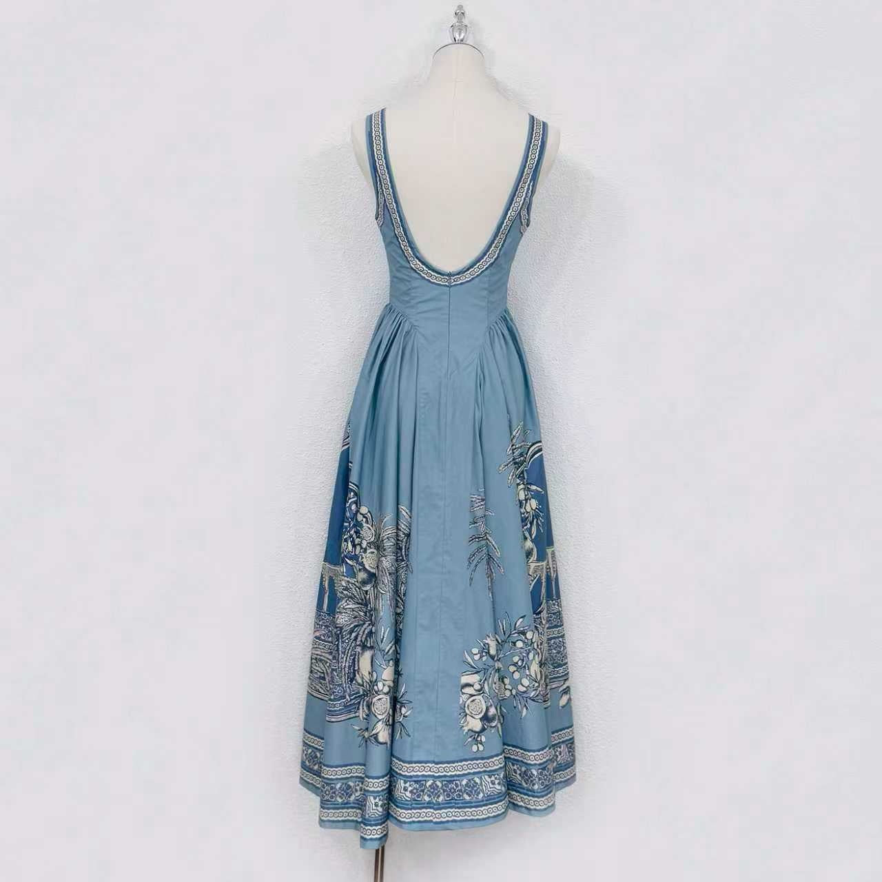 Lovestahl Viral Corset Midi Dress 100% Organic Cotton Mediterranean Lemon Botanical Print Square Neck Swing Skirt Holiday Dress Sizes 6-12 In Stock