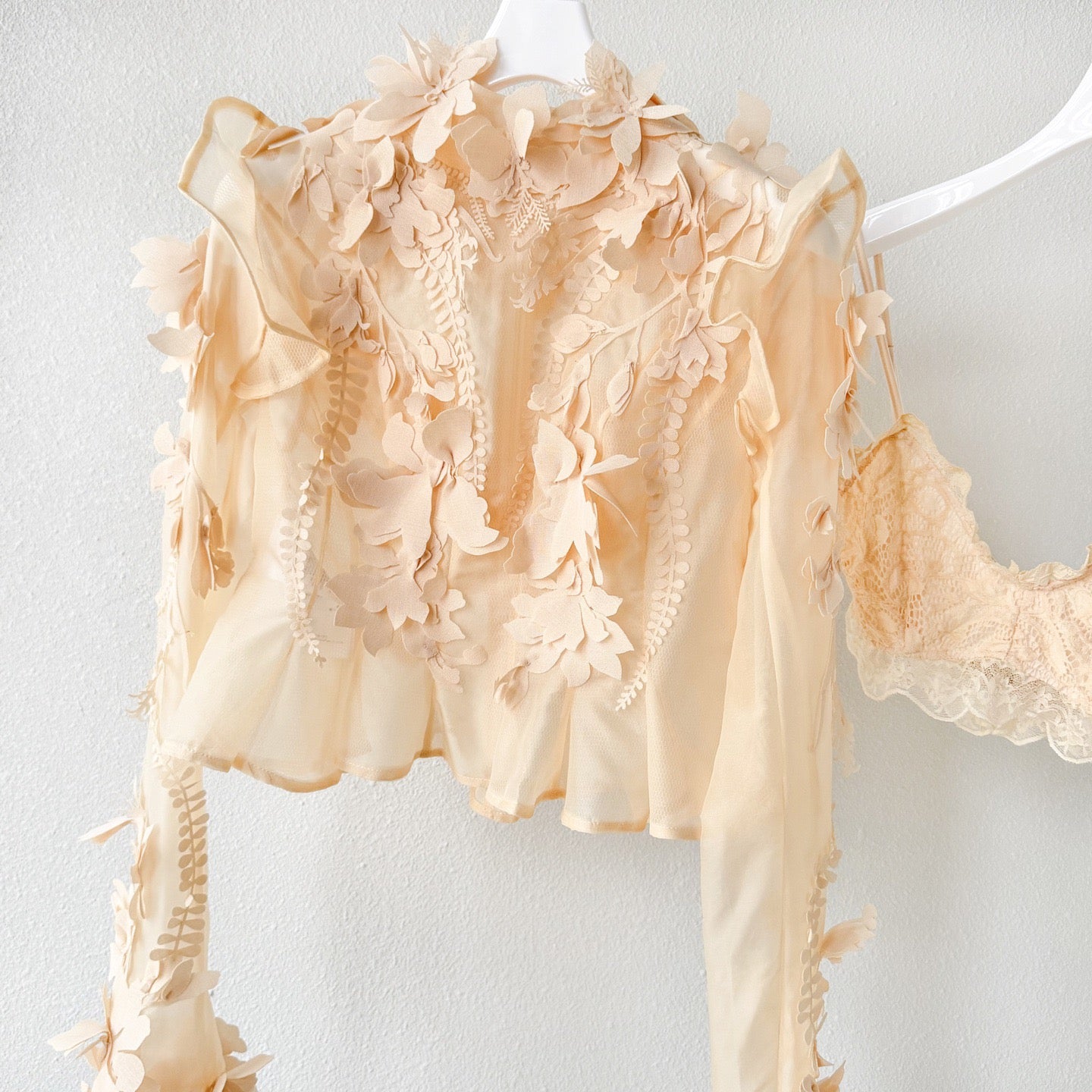 Lovestahl 3D Floral Mesh Two Piece Set Women Elegant Stand Collar Long Sleeve Cropped Top Midi Flare Skirt Vintage Beige Silk Party Wedding Guest Outfit