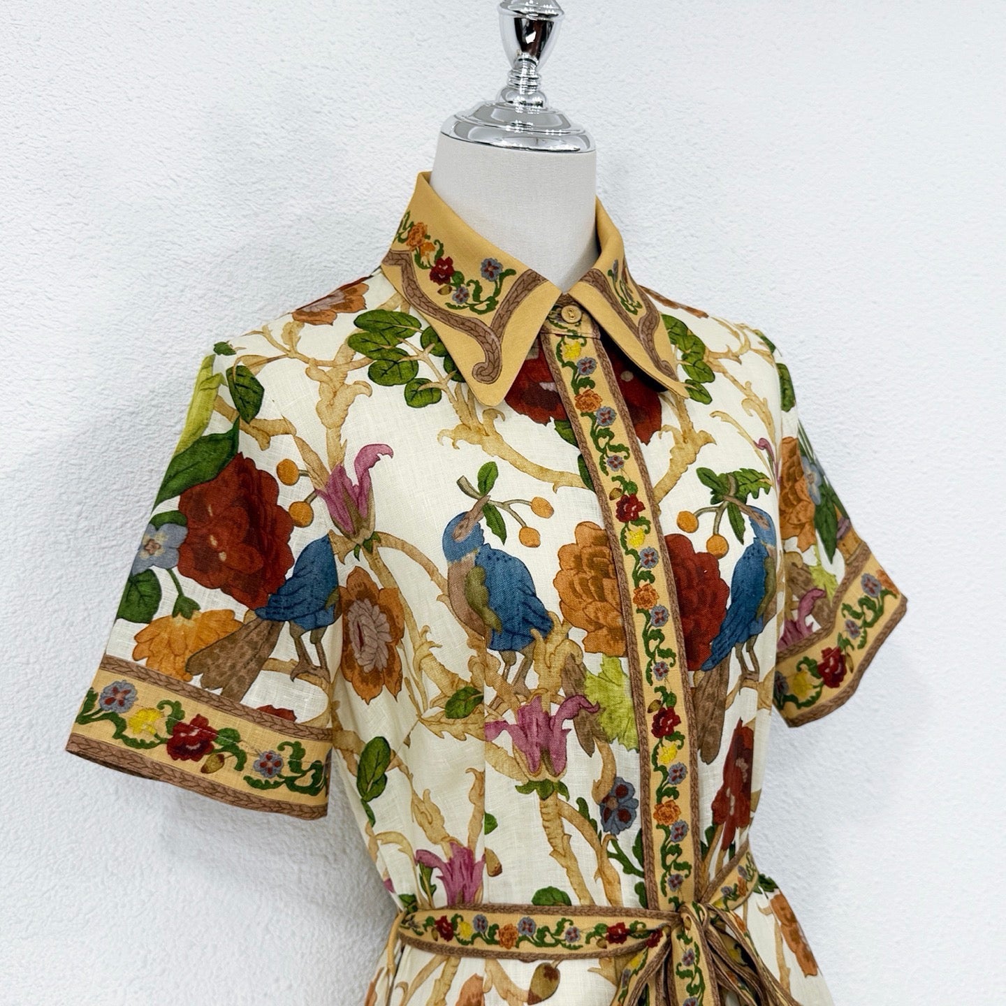 Lovestahl Women Vintage Bird Floral Print Shirt Midi Dress Lapel Short Sleeve Button Front Self Tie Waist Border Trim Retro Garden Holiday Linen Long Dress