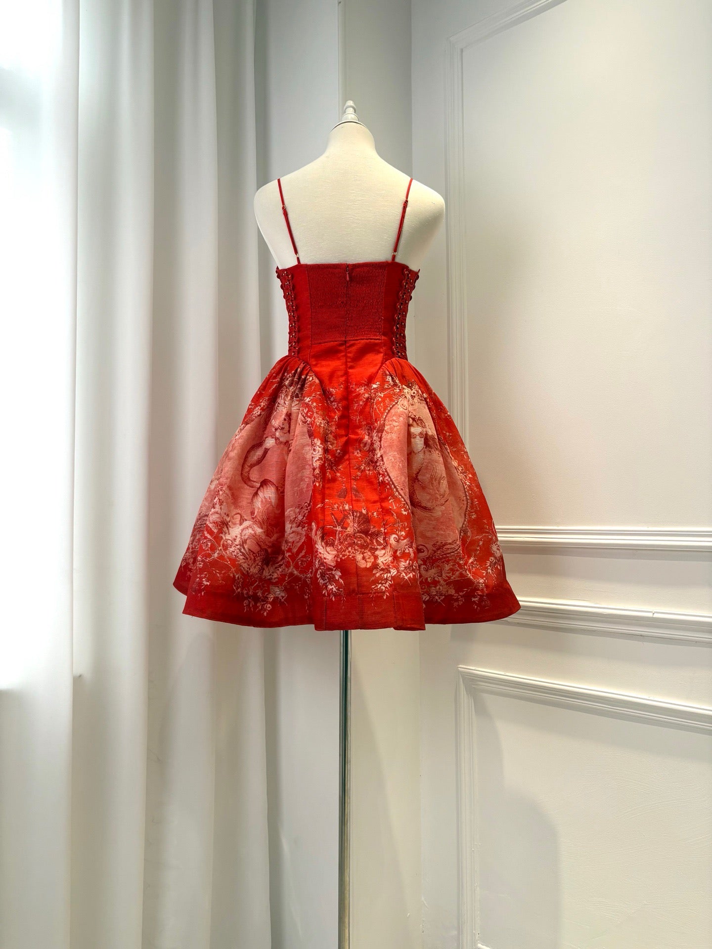 Lovestahl Women Red Floral Print Mini Party Dress Thin Spaghetti Strap Ruffle Neck Lace Up Corset Waist A Line Short Prom Dress Elegant Wedding Guest Evening Cocktail Dresses
