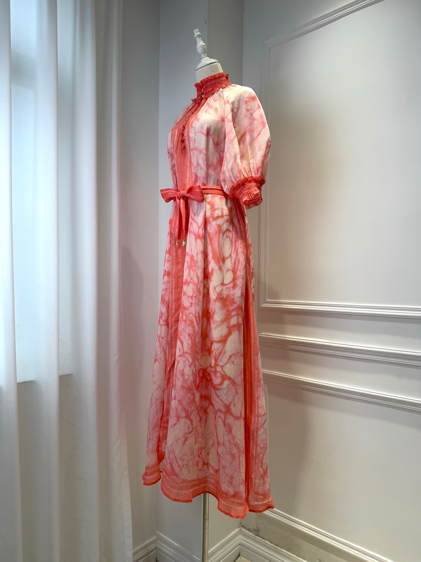 LOVESTAHL Pink Marble Print Maxi Dress Women Stand Collar Puff Short Sleeve Self Tie Waist Belt Flowy Long Vacation Dress Z1081 Sizes 0-3