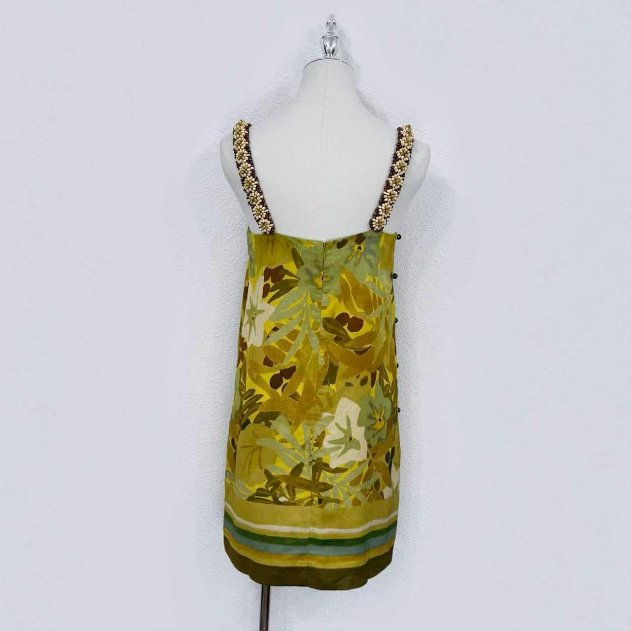 2026 WOMEN Lovestahl Hot Niche Tropical Leaf Print Slip Mini Dress Women Handmade Pearl Beaded Straps Linen Viscose Blend Side Button Straight Short Dress Resort Wear In Stock Size 6-12
