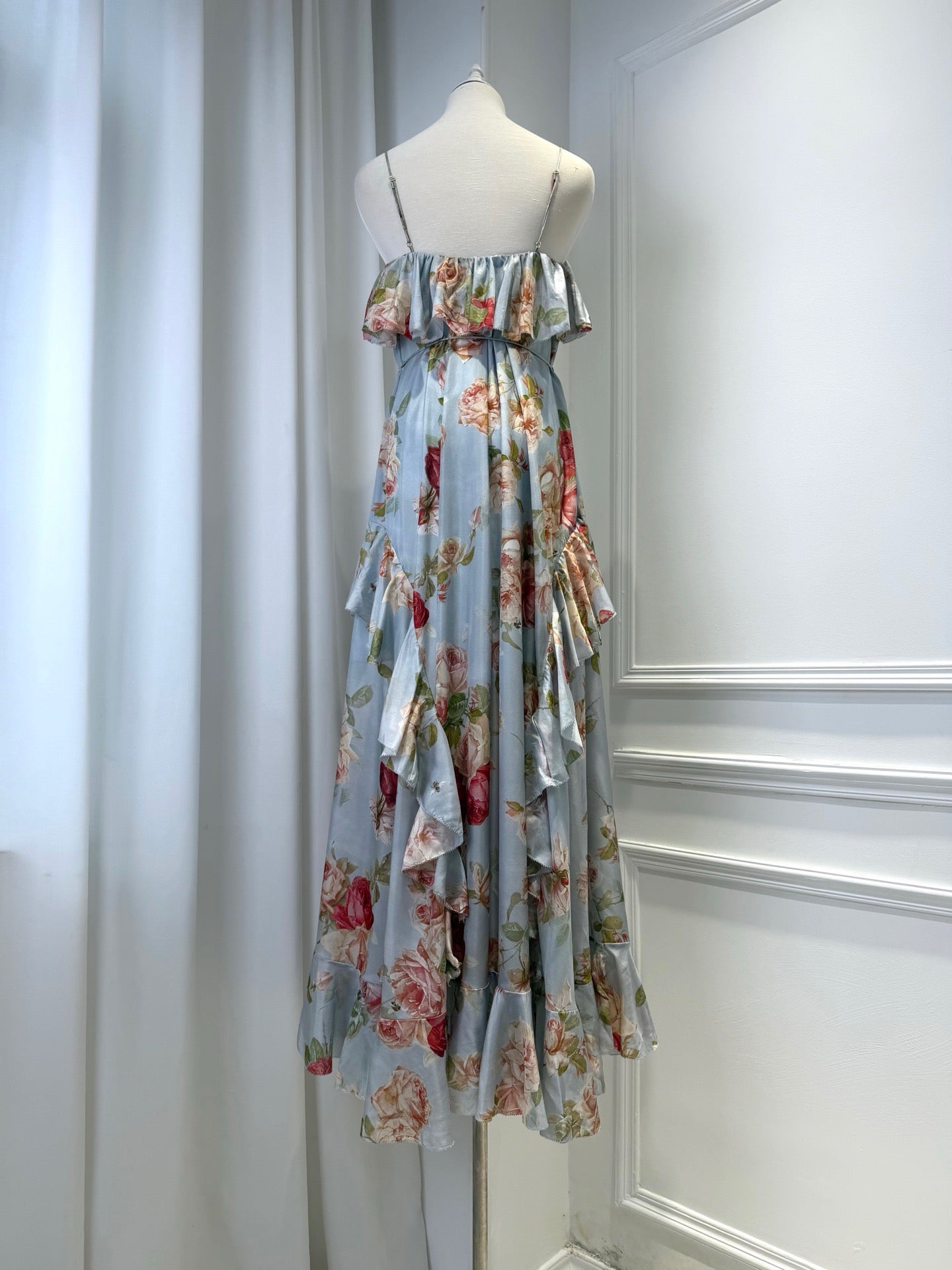 Lovestahl Women Sky Blue Watercolor Rose Floral Spaghetti Strap Maxi Dress Double Ruffle Neck Drawstring Waist Irregular Tiered Ruffle Hem Flowy Chiffon Vacation Long Gown