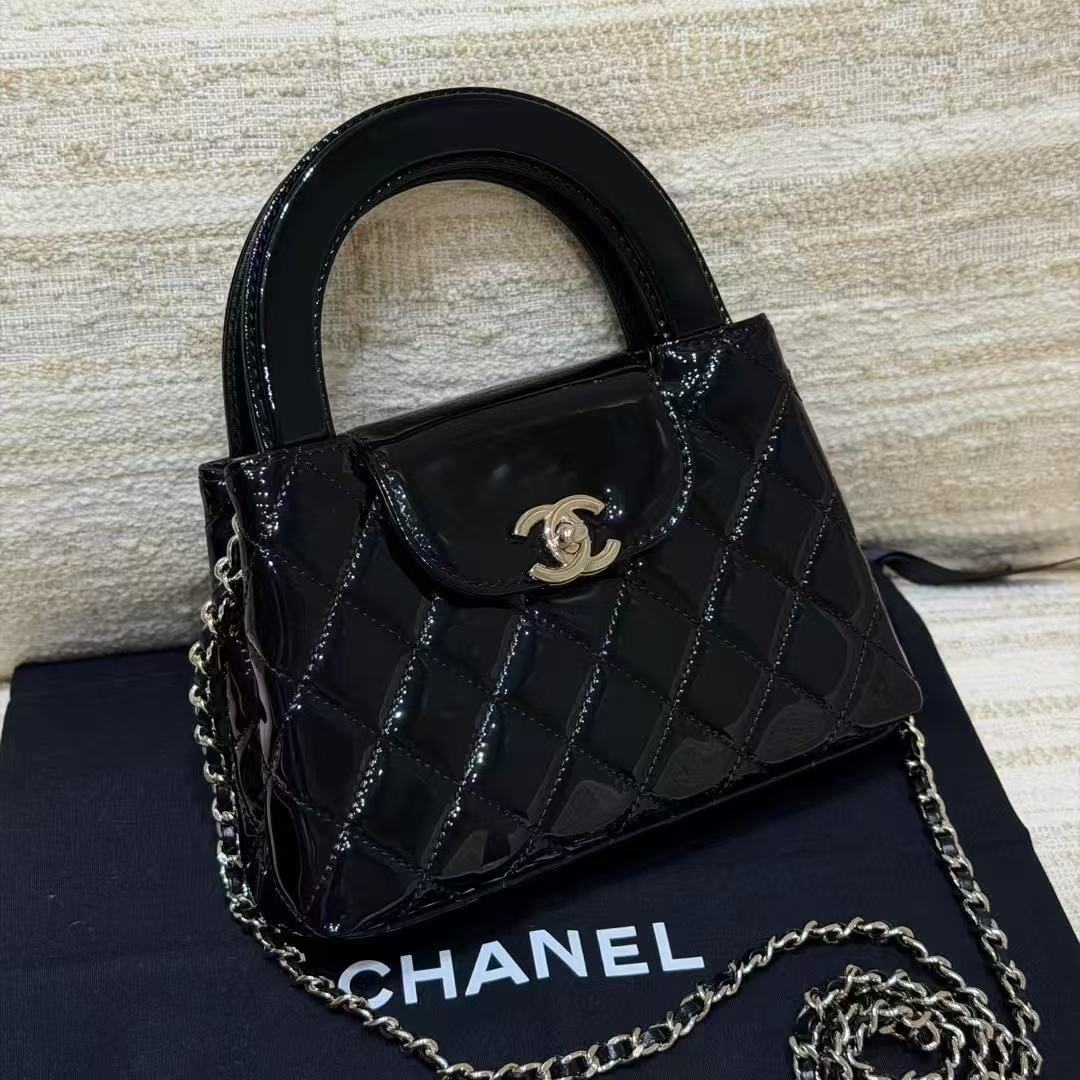 LOVESTAHL Vintage Patent Leather Nano Kelly Top Handle Bag Quilted Structured Mini Handbag Gold Interwoven Chain Crossbody Bag Old Money Style Luxury Evening Purse