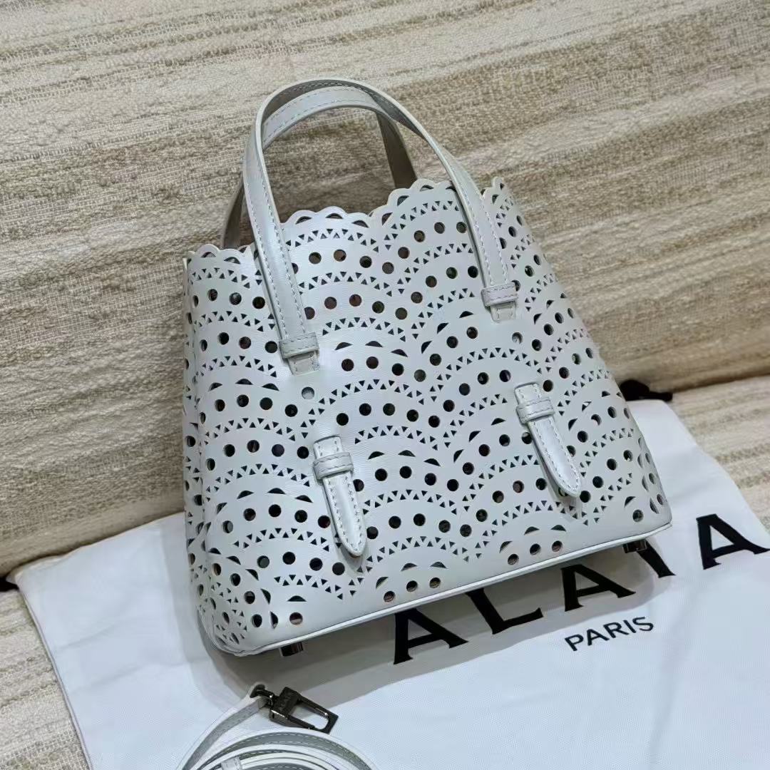 LOVESTAHL White Calf Leather Mina 20 Vienne Laser Cut Mini Tote Bag, Detachable Crossbody Strap & Matching Inner Zipper Pouch Multi-Way Handbag
