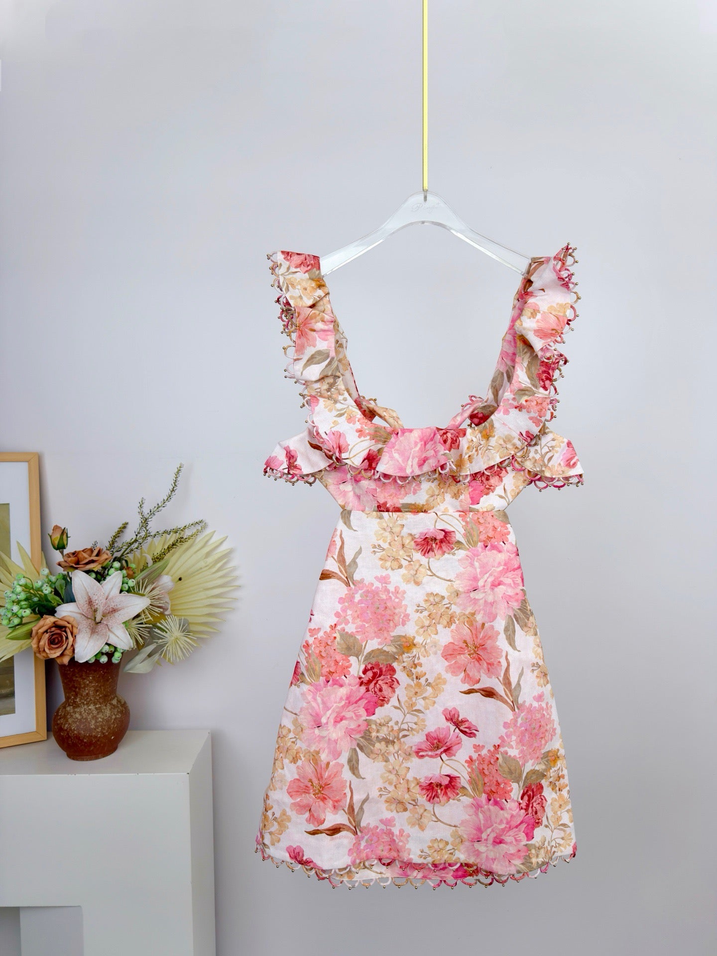 Lovestahl INDRA 100% Linen Midi Dress Women Ruffle Double Strap Square Neck Boned Bust Back Cutout Tie All Over Beaded Summer Vacation Dress