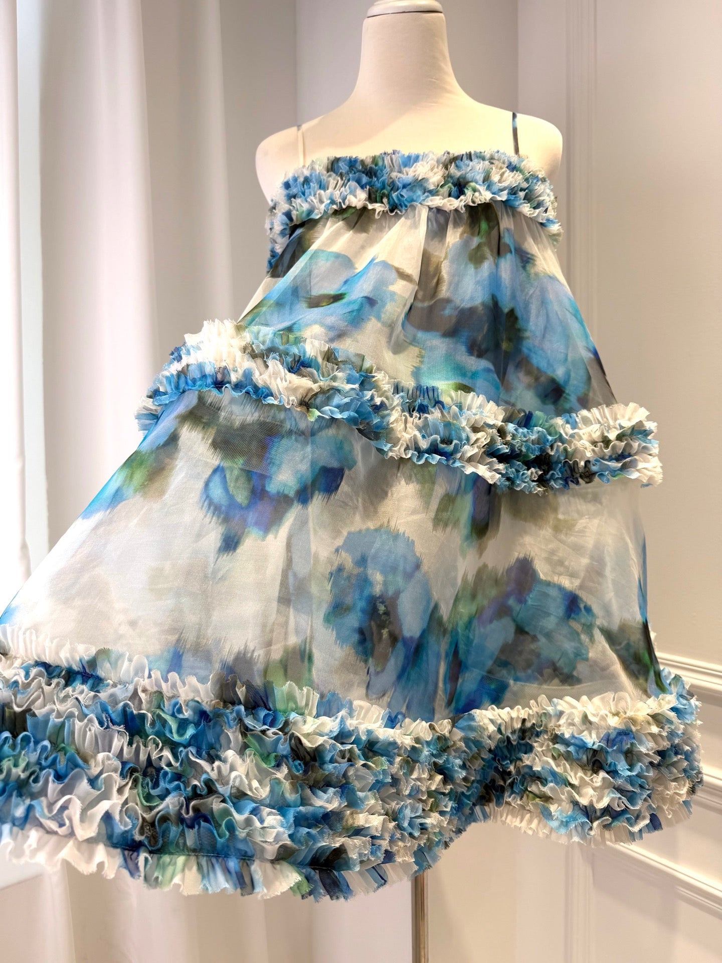 Lovestahl Women Blue Watercolor Floral Mini Slip Dress Thin Spaghetti Strap 3 Tier Ruffle Fringe Hem Flowy A Line Short Sundress Summer Beach Vacation Party Dress