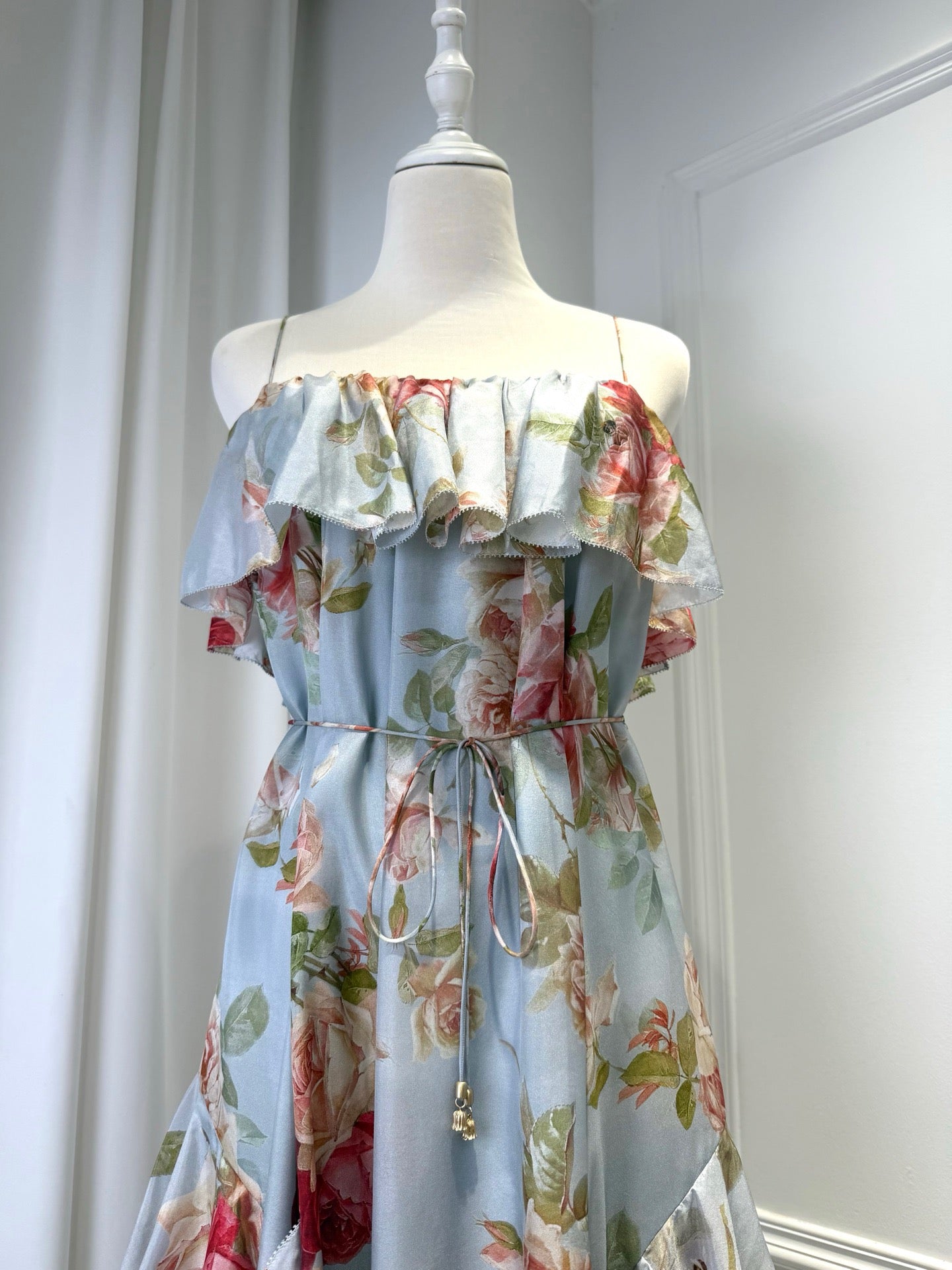 Lovestahl Women Sky Blue Watercolor Rose Floral Spaghetti Strap Maxi Dress Double Ruffle Neck Drawstring Waist Irregular Tiered Ruffle Hem Flowy Chiffon Vacation Long Gown