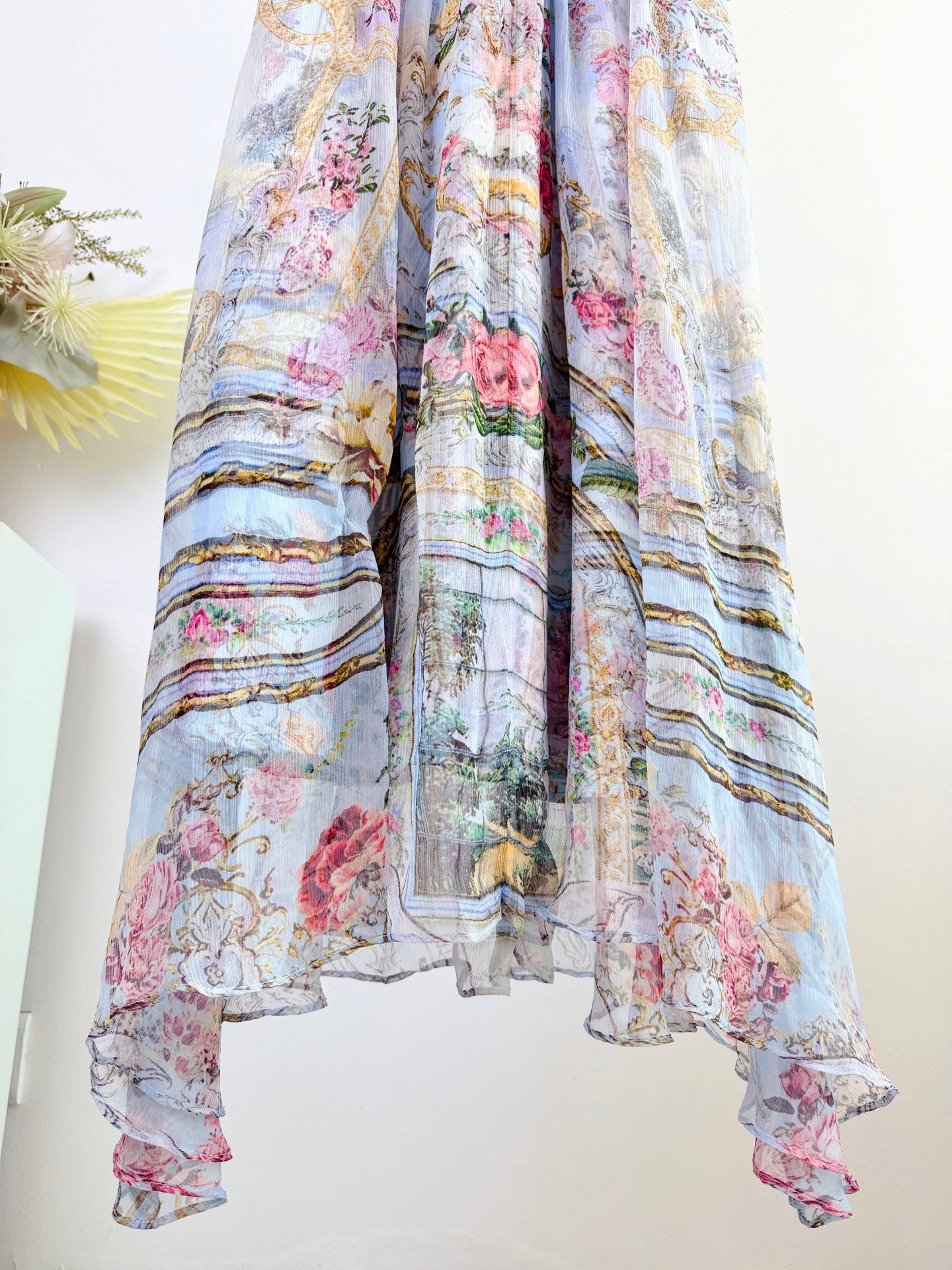 Lovestahl Runway Collection 100% Silk Maxi Dress Women Deep V Flared Bell Sleeve Matching Waist Belt Hand Crystal Rhinestone Vintage Floral Print Fitted Long Party Dress
