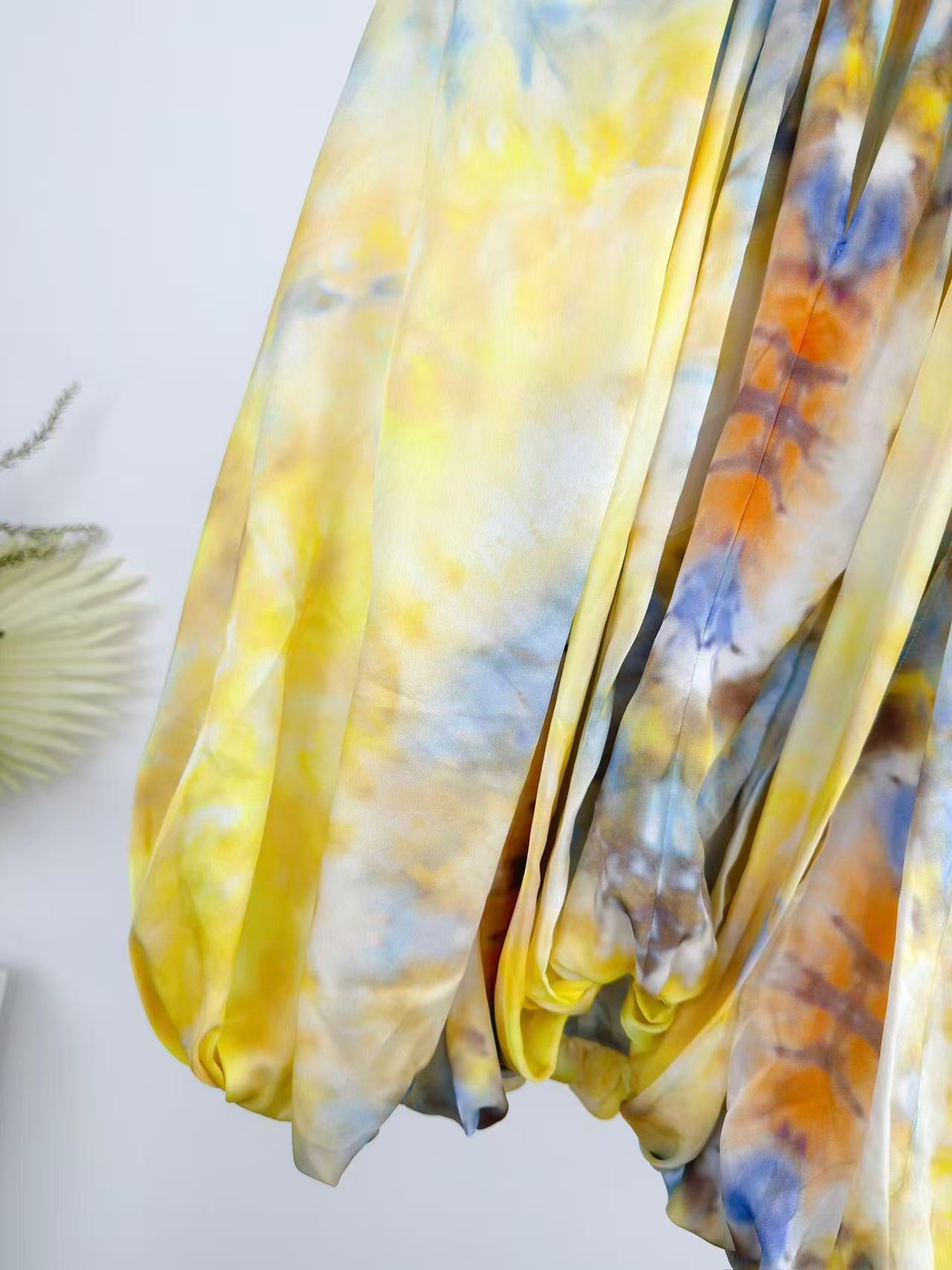 Lovestahl Runway Yellow Tie Dye Playsuit Women Braided Twisted Halter Keyhole Cutout Oversized Side Slit Long Sleeve Bubble Hem Ruffle Shorts Bohemian Beach Romper