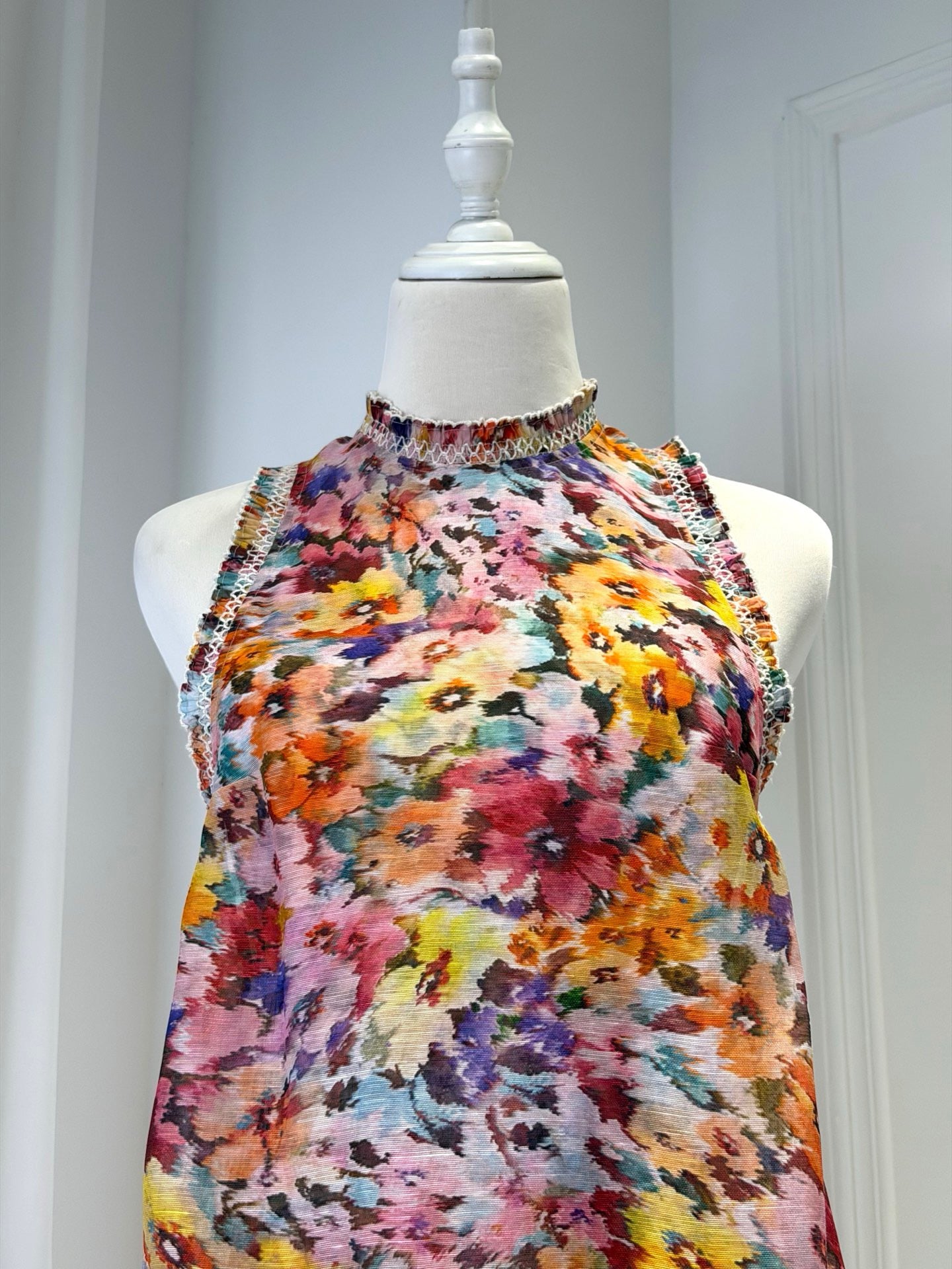 2026 women Lovestahl Women Colorful Floral Sleeveless Mini Dress High Neck Lace Ruffle Hem Loose Shift Short Dress Summer Beach Holiday Sundress