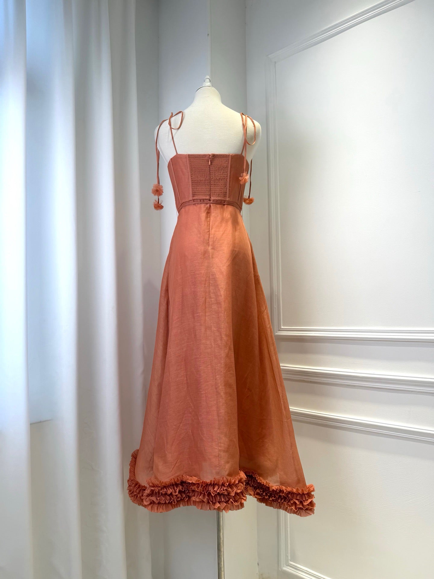 2026 women Vintage Sheer A-Line Midi Dress, Frill Neck & Hem Floral Waist Tie Formal Dress Lovestahl