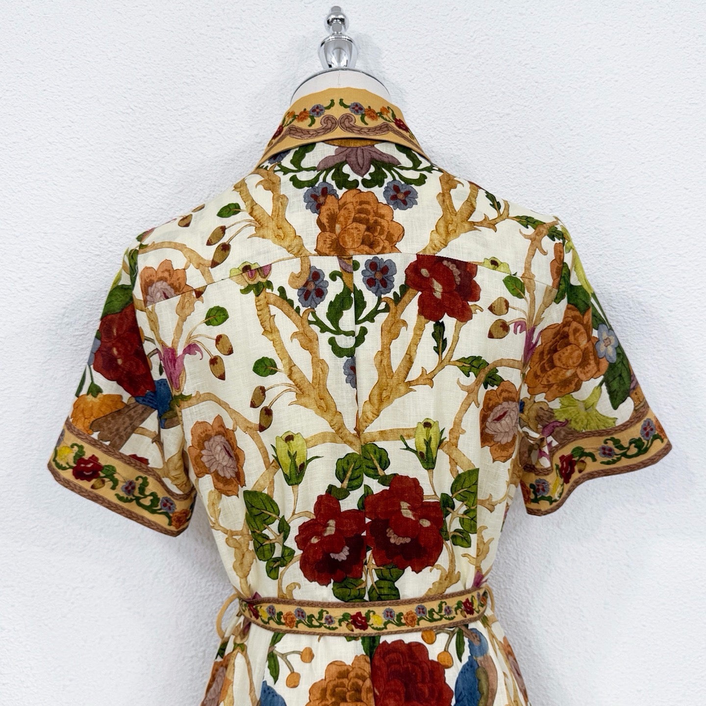 Lovestahl Women Vintage Bird Floral Print Shirt Midi Dress Lapel Short Sleeve Button Front Self Tie Waist Border Trim Retro Garden Holiday Linen Long Dress
