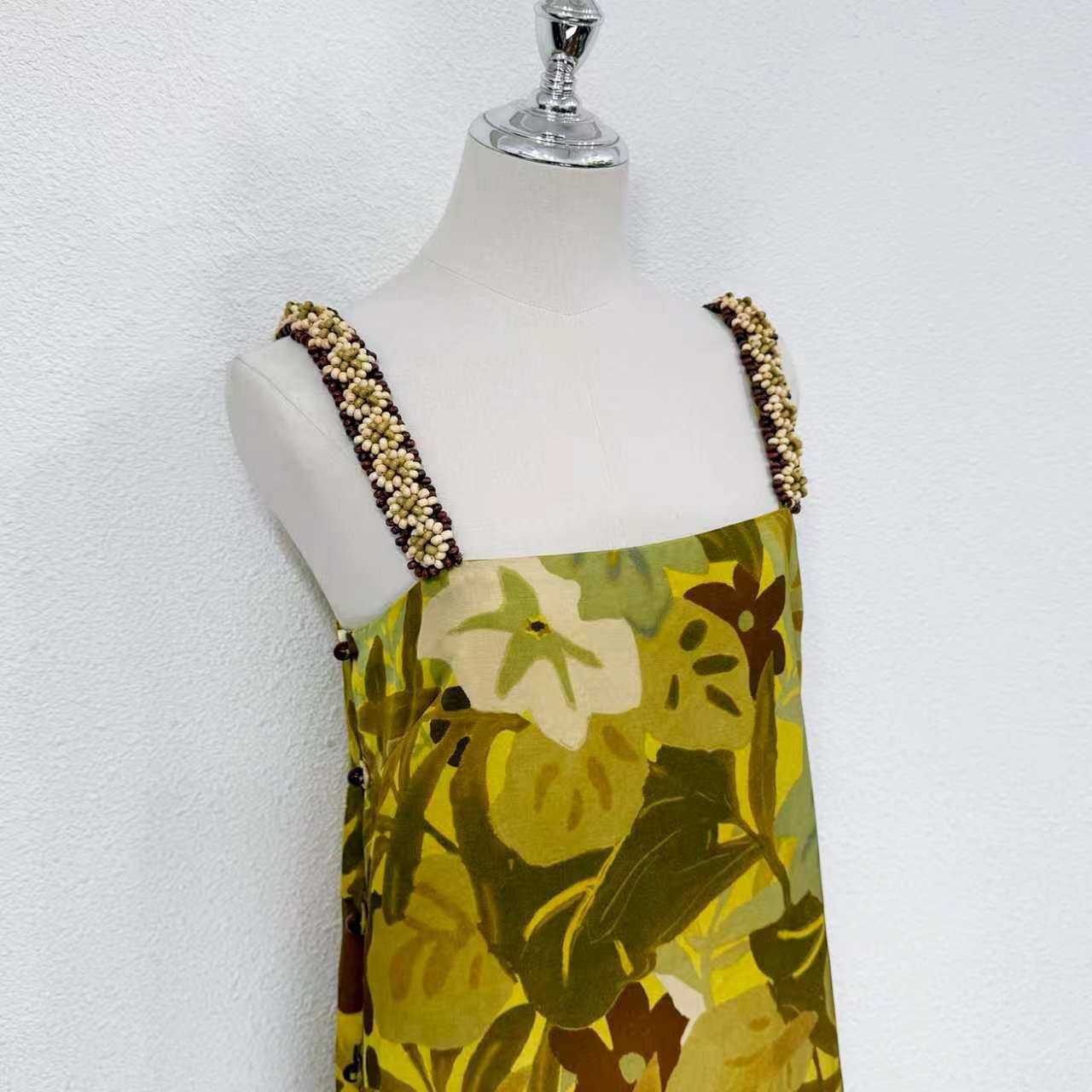 2026 WOMEN Lovestahl Hot Niche Tropical Leaf Print Slip Mini Dress Women Handmade Pearl Beaded Straps Linen Viscose Blend Side Button Straight Short Dress Resort Wear In Stock Size 6-12
