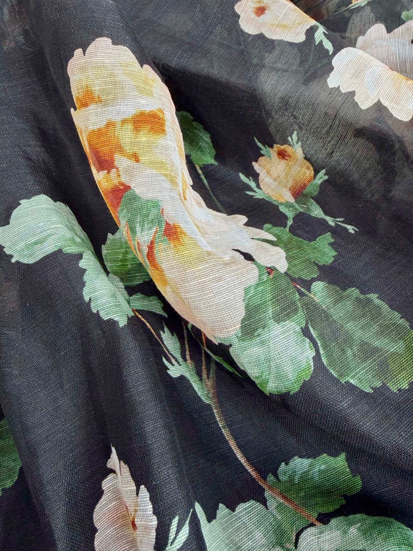 Lovestahl 52% Linen 48% Silk Black Rose Floral Corset Midi Dress Women Spaghetti Strap Sweetheart Hollow Out Bust Flowy A Line Vacation Sundress Style
