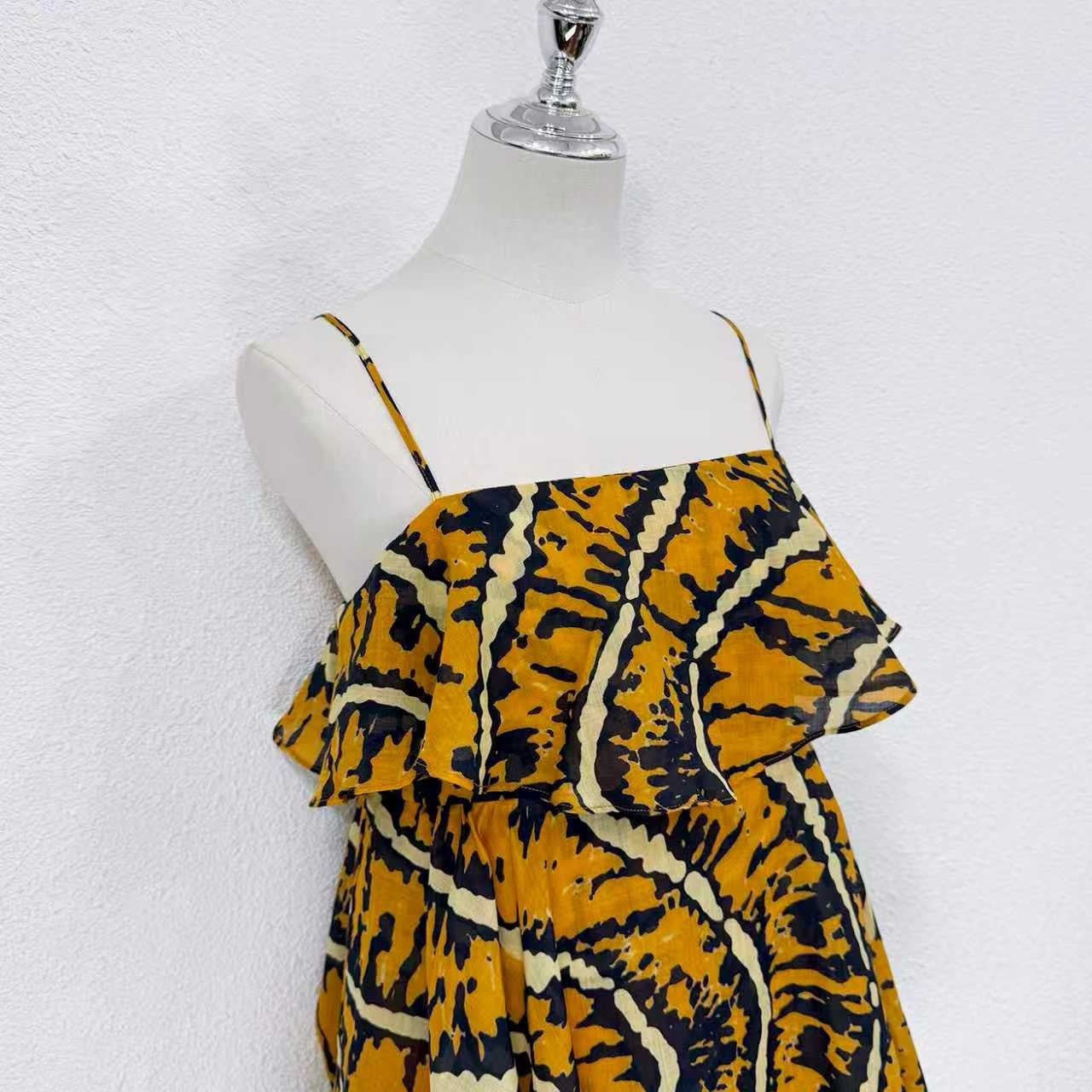 2026 women lovestahl Lovestahl Women Yellow Tiger Stripe Print Spaghetti Strap Maxi Dress Double Layer Ruffle Tiered Flowy Chiffon Long Sundress Summer Beach Vacation Boho Dress
