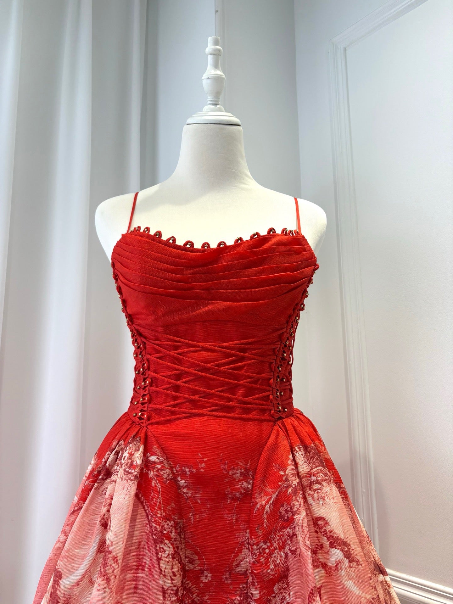 Lovestahl Women Red Floral Print Mini Party Dress Thin Spaghetti Strap Ruffle Neck Lace Up Corset Waist A Line Short Prom Dress Elegant Wedding Guest Evening Cocktail Dresses