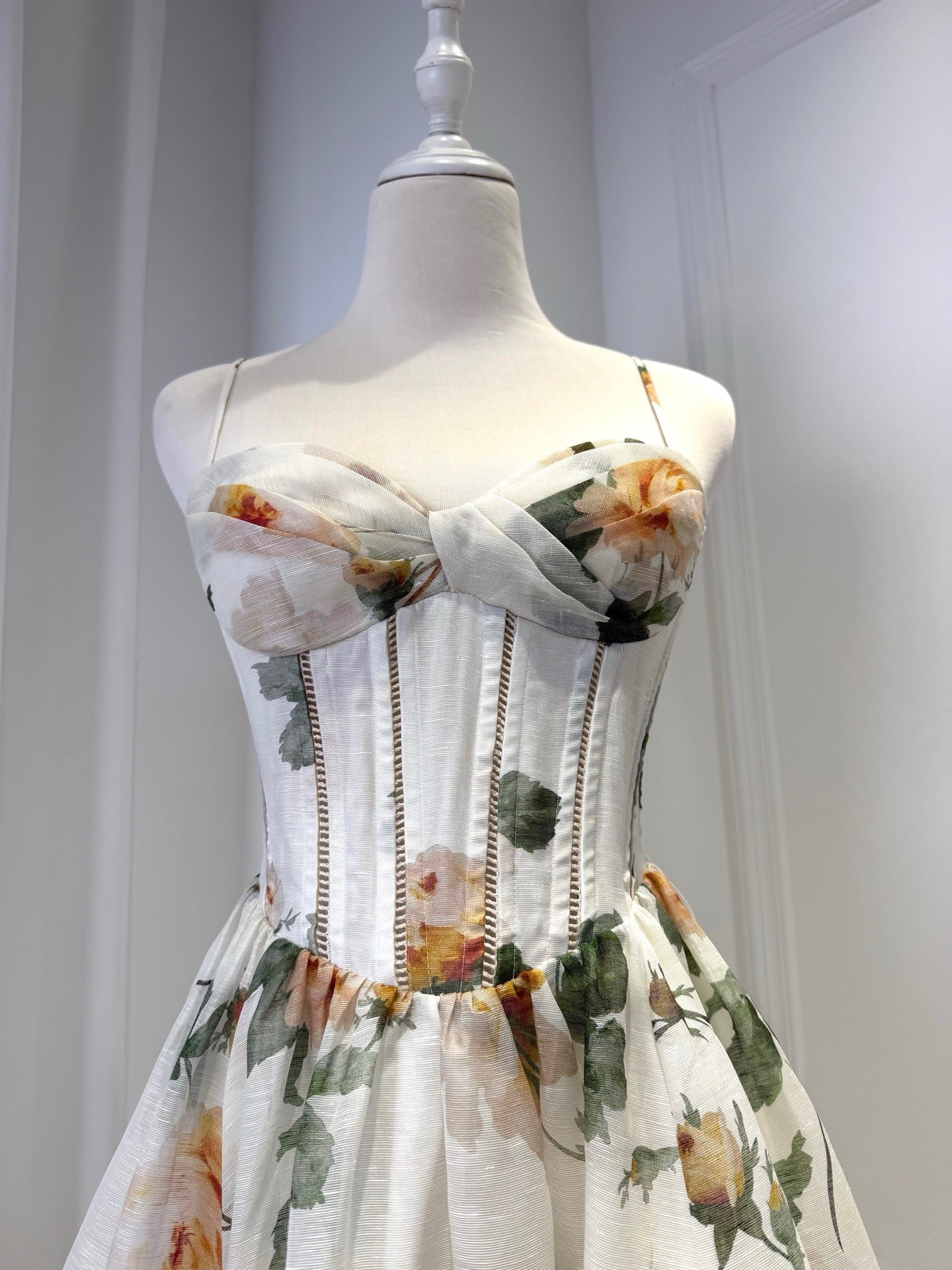 2026 WOMEN Lovestahl Yellow Rose Floral Print Corset Mini Dress Women Thin Spaghetti Strap Bow Bust Structured Waist Flare Skirt Summer Short Dress Sizes 0/1/2/3 In Stock