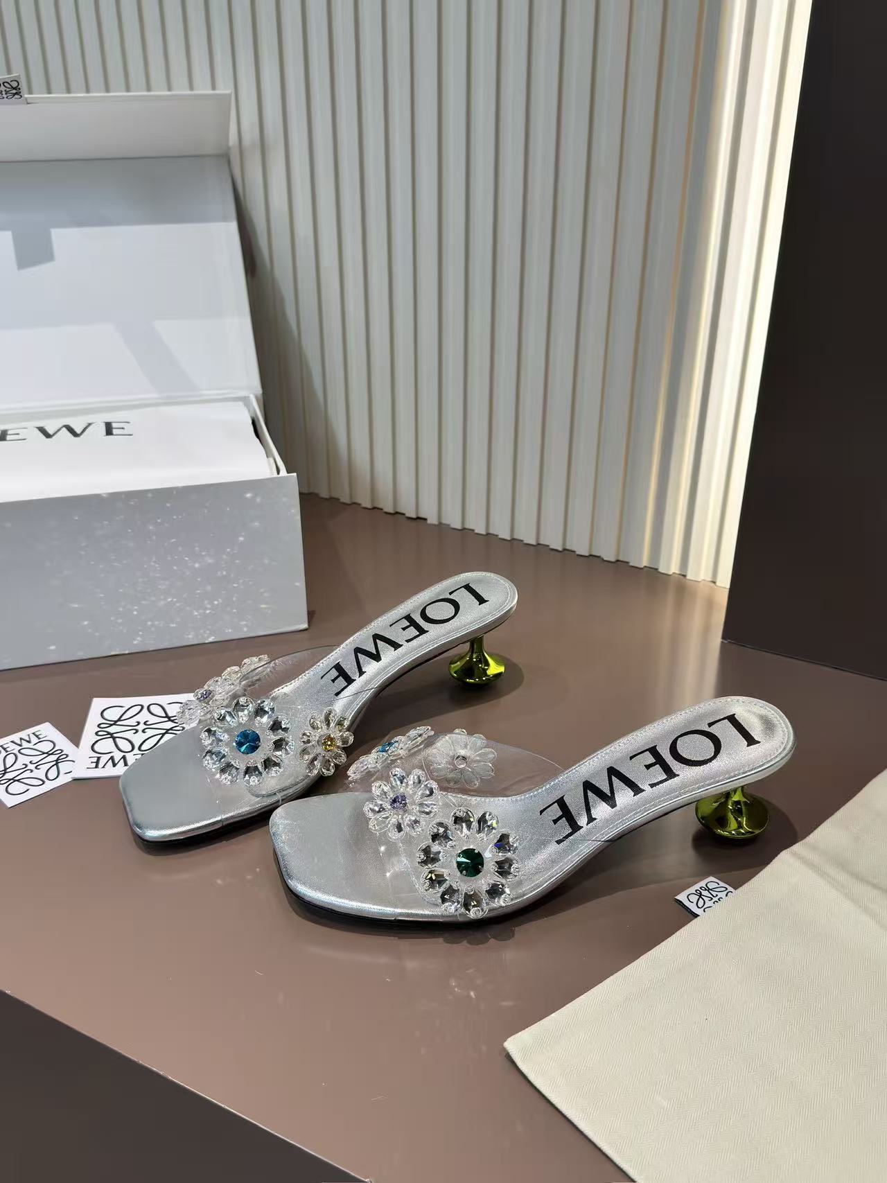 LOVESTAHL Toy Crystal Flower Mule Slides Handmade Rhinestone Floral Mules Soft Sheepskin Insole Genuine Leather Outsole Signature Green Toy Heel Women Party Slip On Sandals