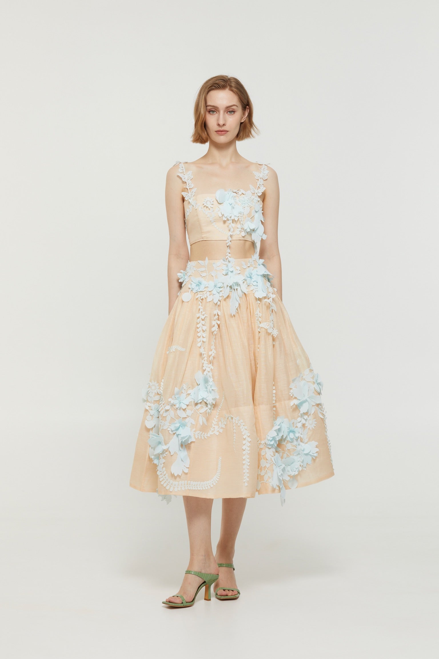 Lovestahl 3D Floral Applique Cami Top & Midi Skirt Two Piece Set Women Spaghetti Strap Backless Crop Top High Waist Flowy Long Skirt Wedding Party Matching Outfit Sizes 0/1/2/3 In Stock