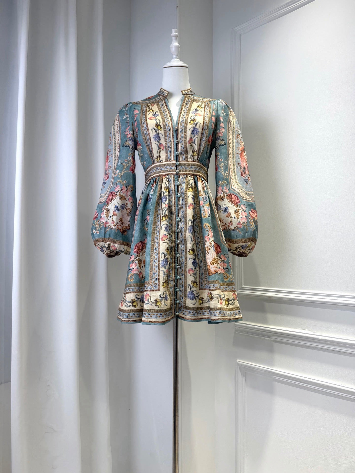 Lovestahl Vintage Floral Stripe Print Mini Dress Women Stand Collar Puff Long Sleeve Button Front High Waist Boho Vacation Short Dress Sizes 0/1/2/3 In Stock