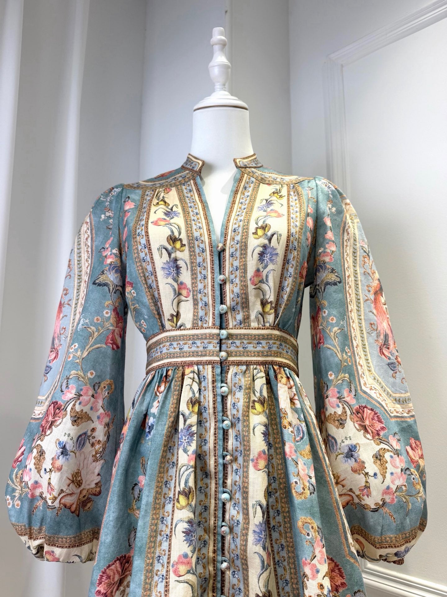 Lovestahl Vintage Floral Stripe Print Mini Dress Women Stand Collar Puff Long Sleeve Button Front High Waist Boho Vacation Short Dress Sizes 0/1/2/3 In Stock