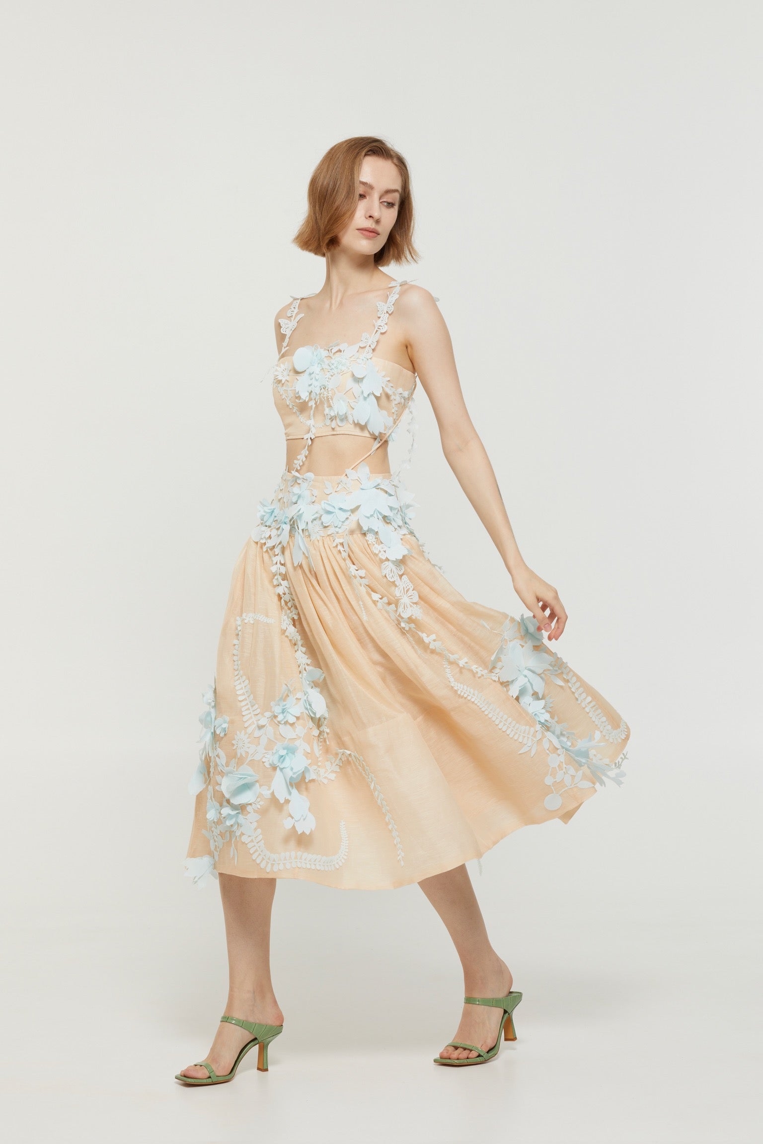 Lovestahl 3D Floral Applique Cami Top & Midi Skirt Two Piece Set Women Spaghetti Strap Backless Crop Top High Waist Flowy Long Skirt Wedding Party Matching Outfit Sizes 0/1/2/3 In Stock