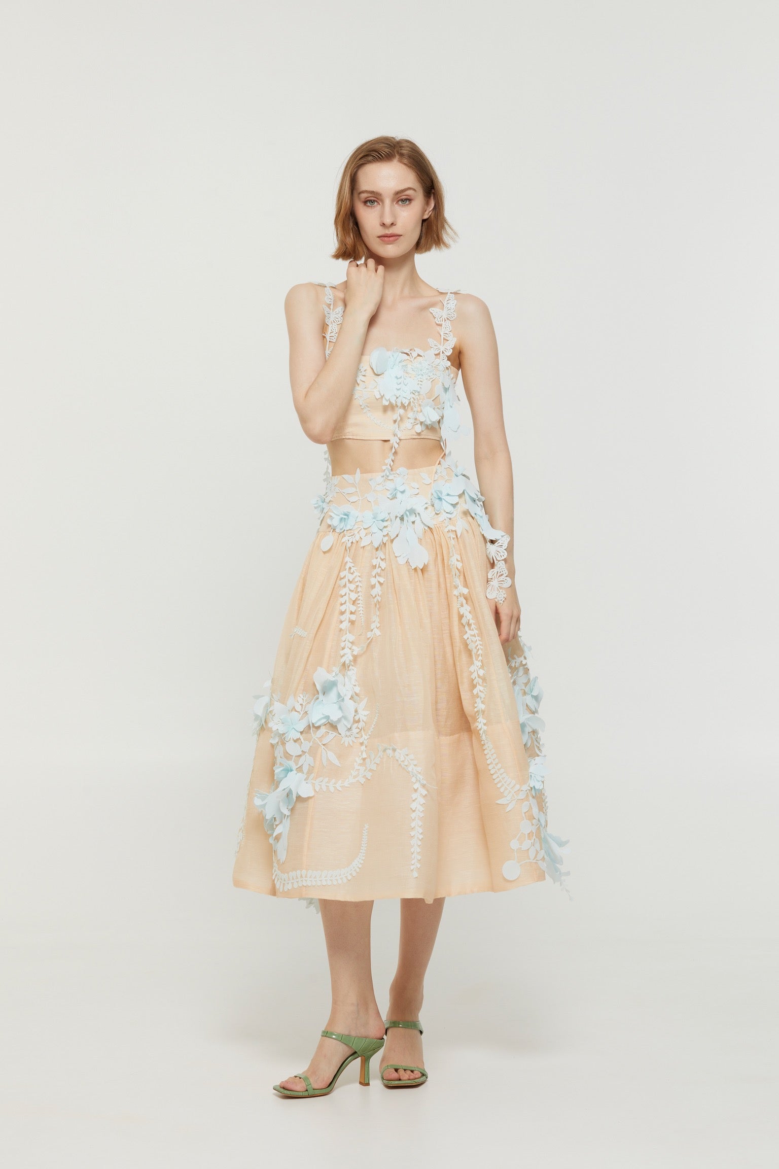 Lovestahl 3D Floral Applique Cami Top & Midi Skirt Two Piece Set Women Spaghetti Strap Backless Crop Top High Waist Flowy Long Skirt Wedding Party Matching Outfit Sizes 0/1/2/3 In Stock