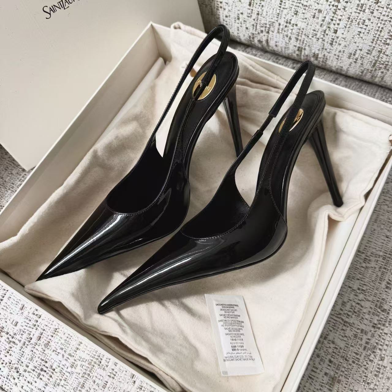 LOVESTAHL Women Glossy Patent‑Leather Sling‑back Pumps, Sharp Pointed‑Toe Stiletto Heels, Elastic Back‑Strap Elegant Dress Shoes