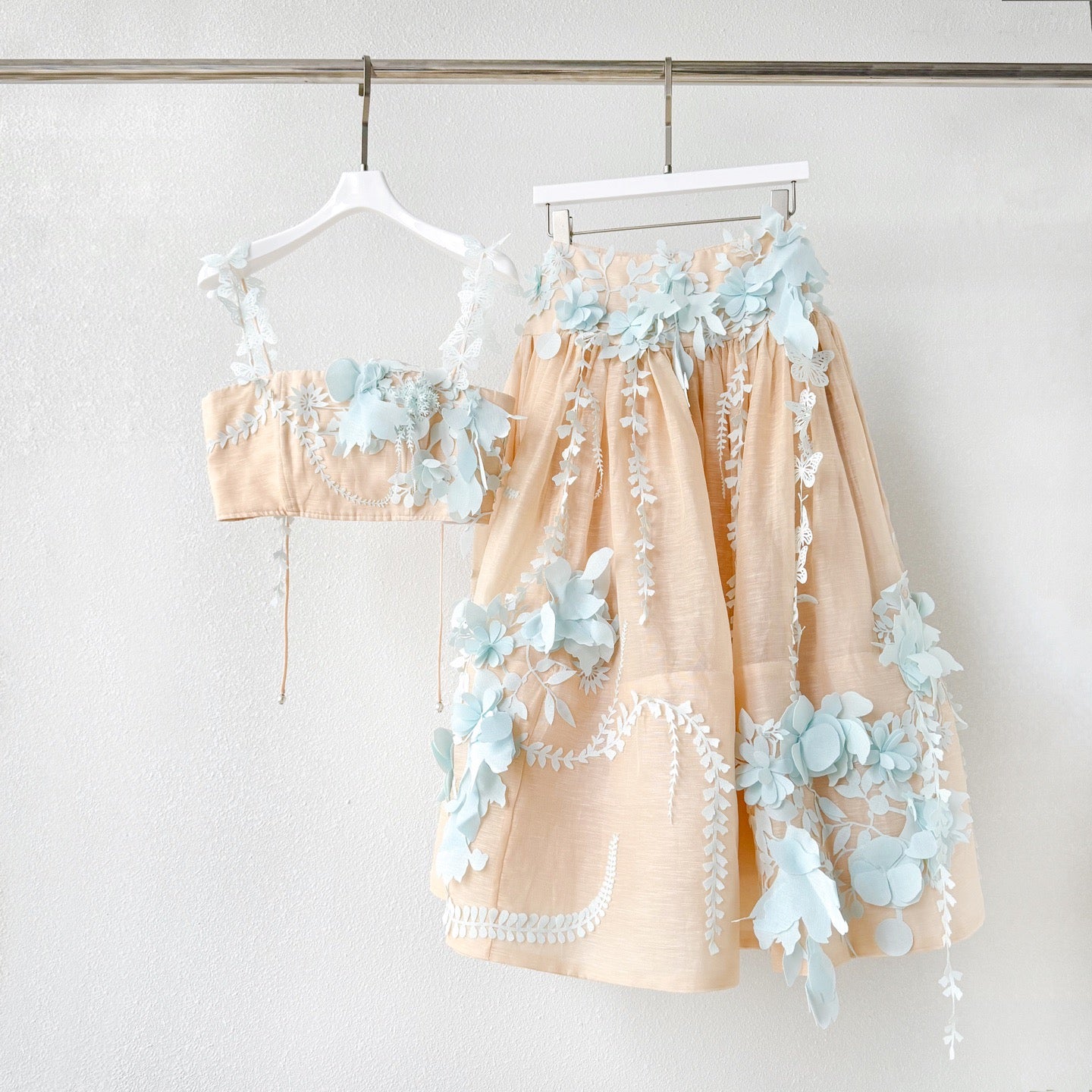 Lovestahl 3D Floral Applique Cami Top & Midi Skirt Two Piece Set Women Spaghetti Strap Backless Crop Top High Waist Flowy Long Skirt Wedding Party Matching Outfit Sizes 0/1/2/3 In Stock
