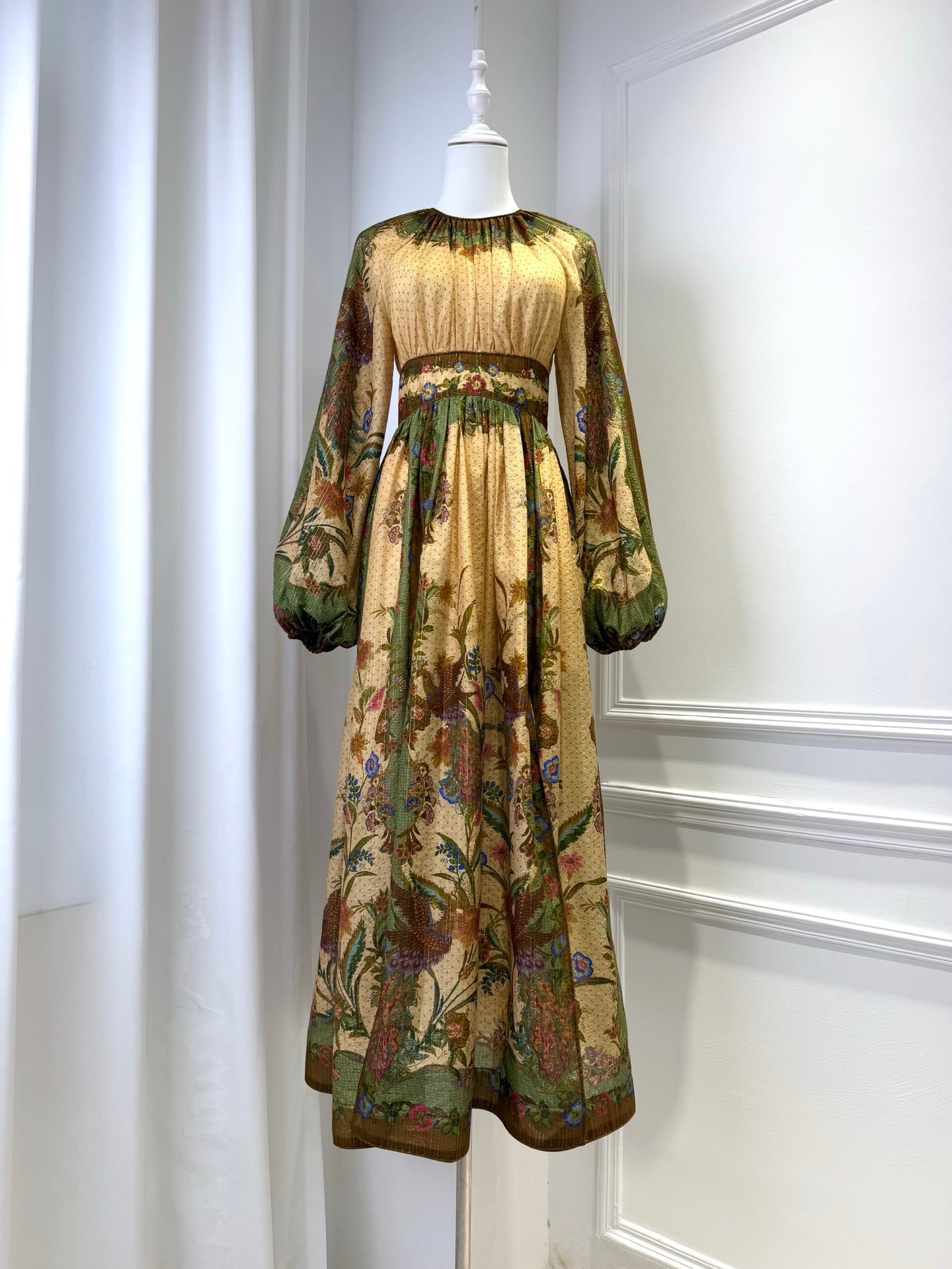 Lovestahl Vintage Bird Floral Print Midi Dress Women Puff Long Sleeve High Waist Gathered Neck Bohemian Vacation Long Dress Sizes 0/1/2/3 In Stock