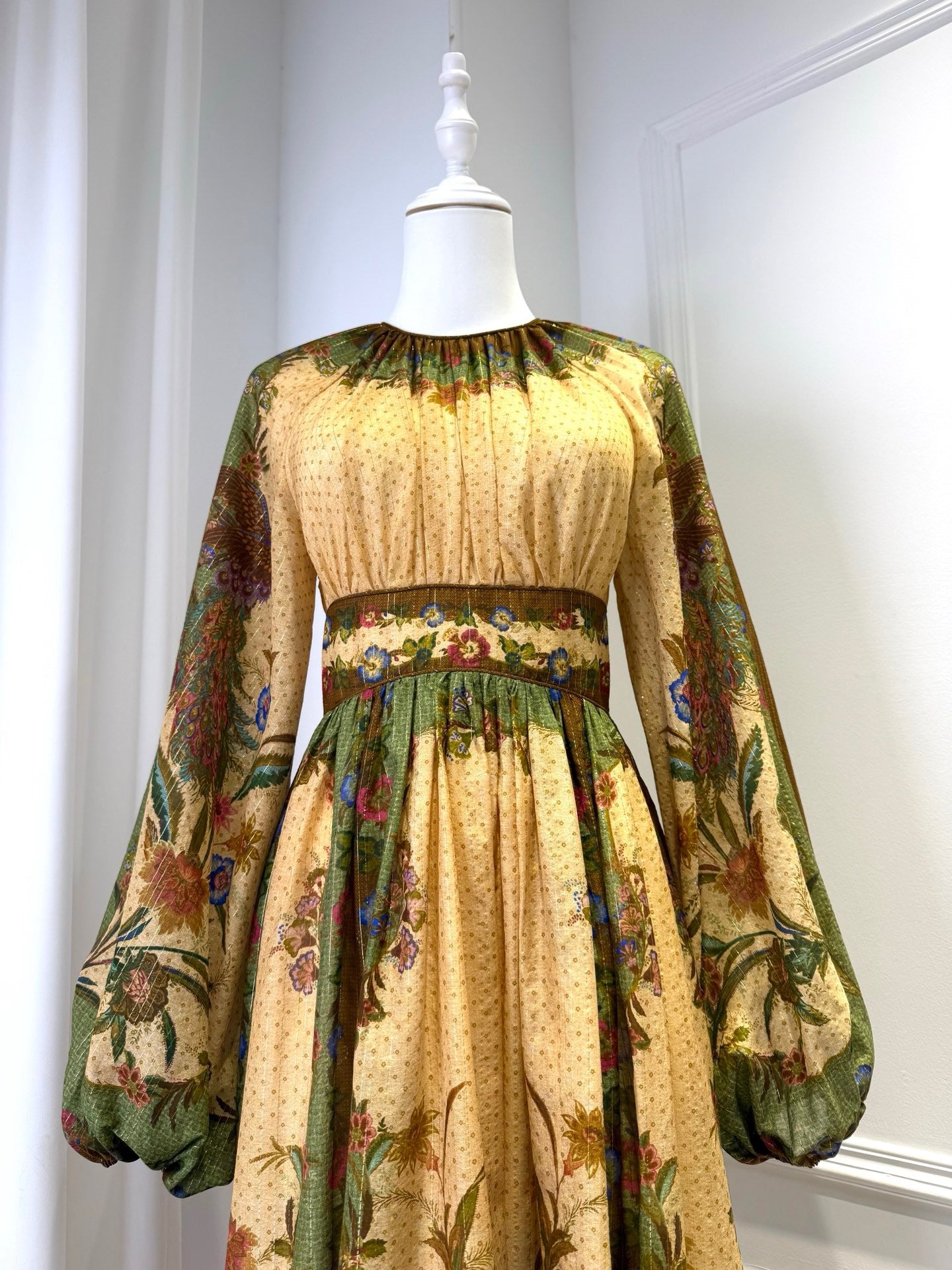 Lovestahl Vintage Bird Floral Print Midi Dress Women Puff Long Sleeve High Waist Gathered Neck Bohemian Vacation Long Dress Sizes 0/1/2/3 In Stock
