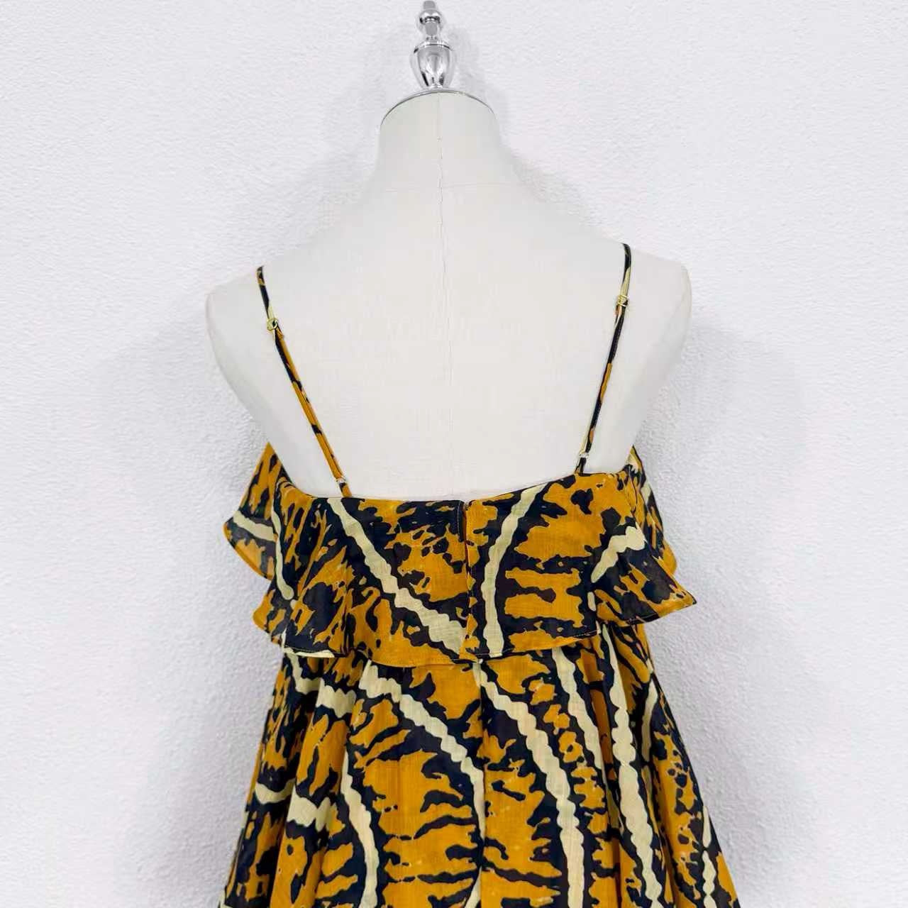 2026 women lovestahl Lovestahl Women Yellow Tiger Stripe Print Spaghetti Strap Maxi Dress Double Layer Ruffle Tiered Flowy Chiffon Long Sundress Summer Beach Vacation Boho Dress