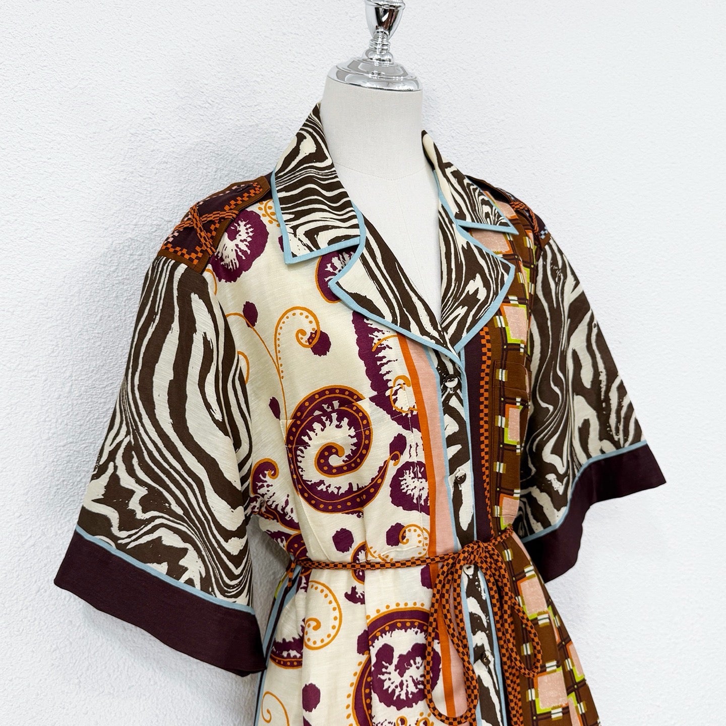 2026 WOMEN Lovestahl Wilson Patchwork Mixed Print Silk Linen Shirt Maxi Dress Women Lapel Short Sleeve Self Tie Waist Long Dress With Separate Cotton Slip Liner Luxury Resort Two Piece Dress Size 6-12 Ready To Ship