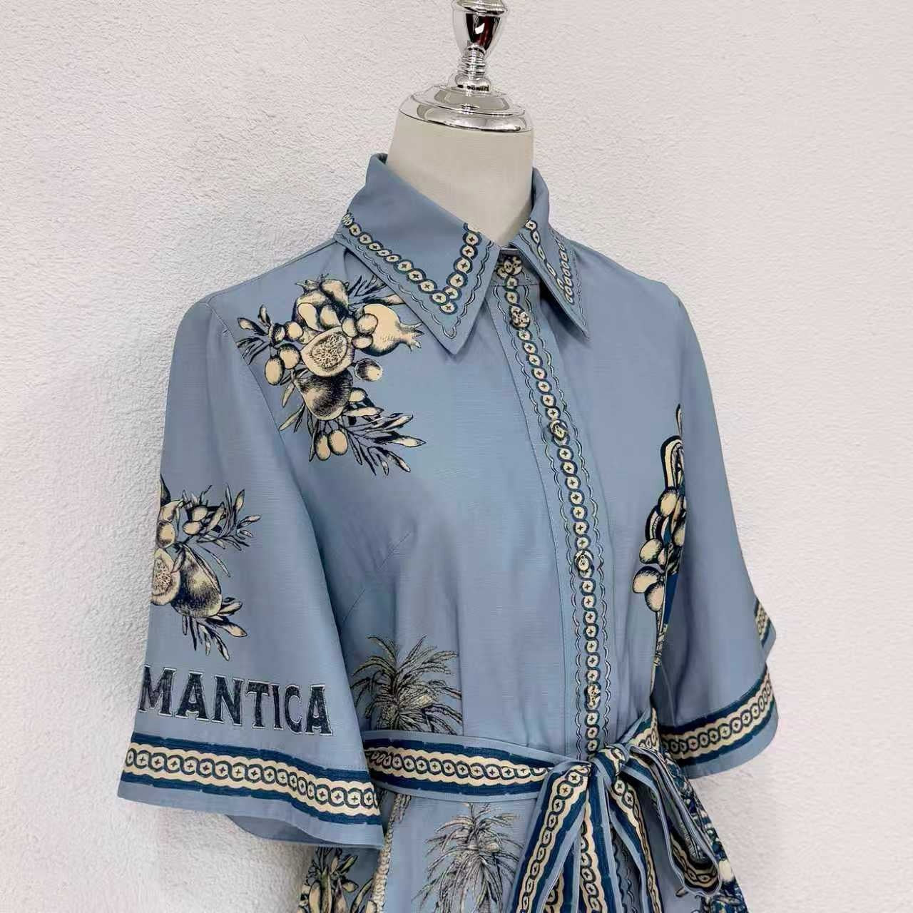 Lovestahl Viral Linen Blend Shirt Dress Mediterranean Lemon Botanical Border Print Belted Flounce Hem Vacation Mini Dress