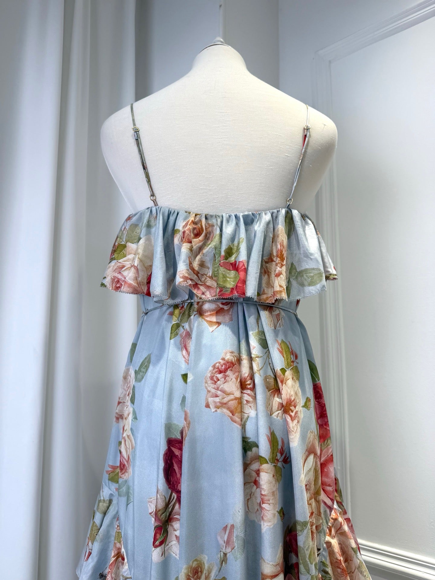 Lovestahl Women Sky Blue Watercolor Rose Floral Spaghetti Strap Maxi Dress Double Ruffle Neck Drawstring Waist Irregular Tiered Ruffle Hem Flowy Chiffon Vacation Long Gown