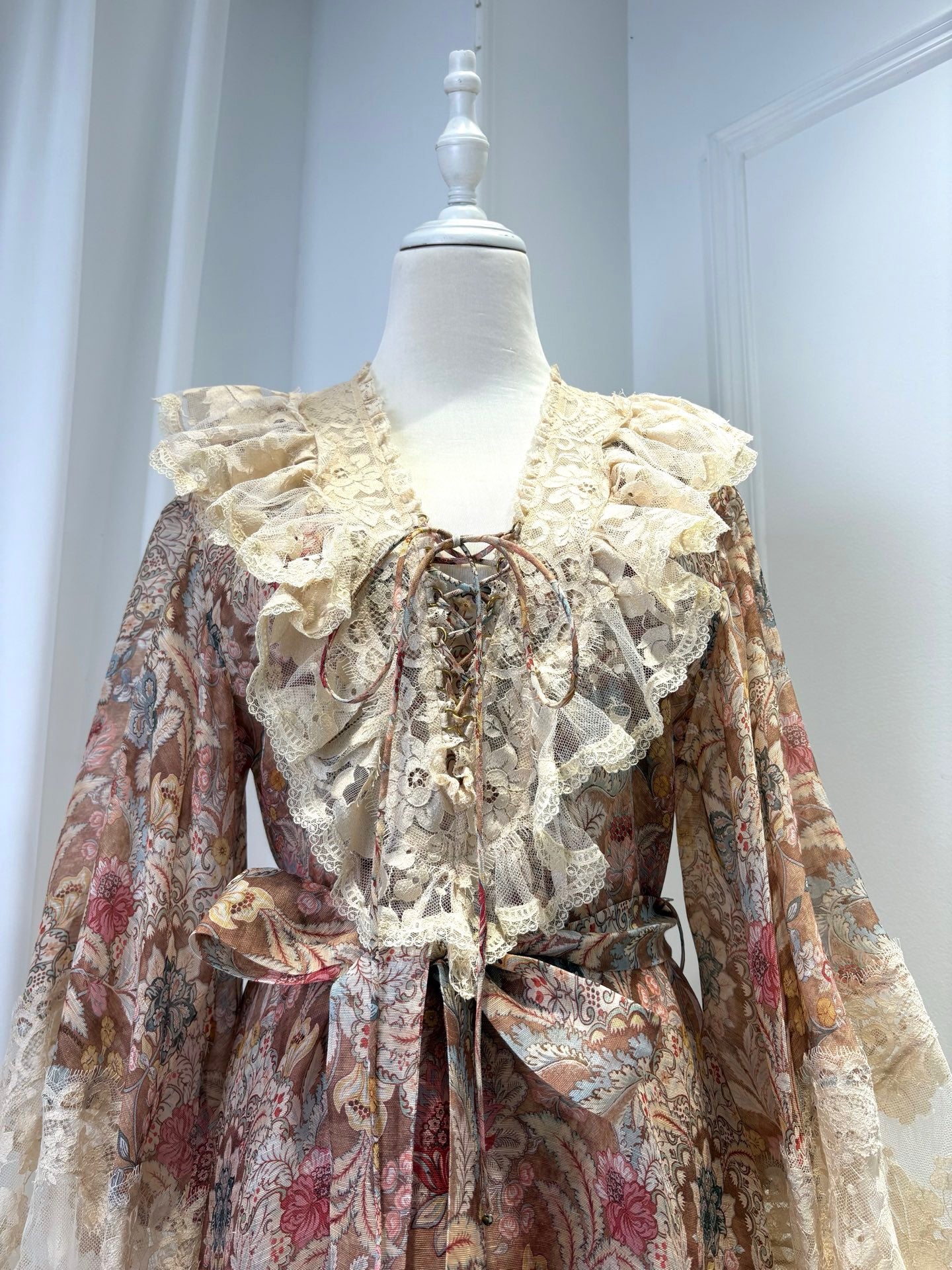 2026 women lovestahl Lovestahl Women Vintage Paisley Floral Mini Dress Lace Ruffle V Neck Lace Up Front Puff Long Sleeve Tie Waist Tiered Layer Fairy Short Dress