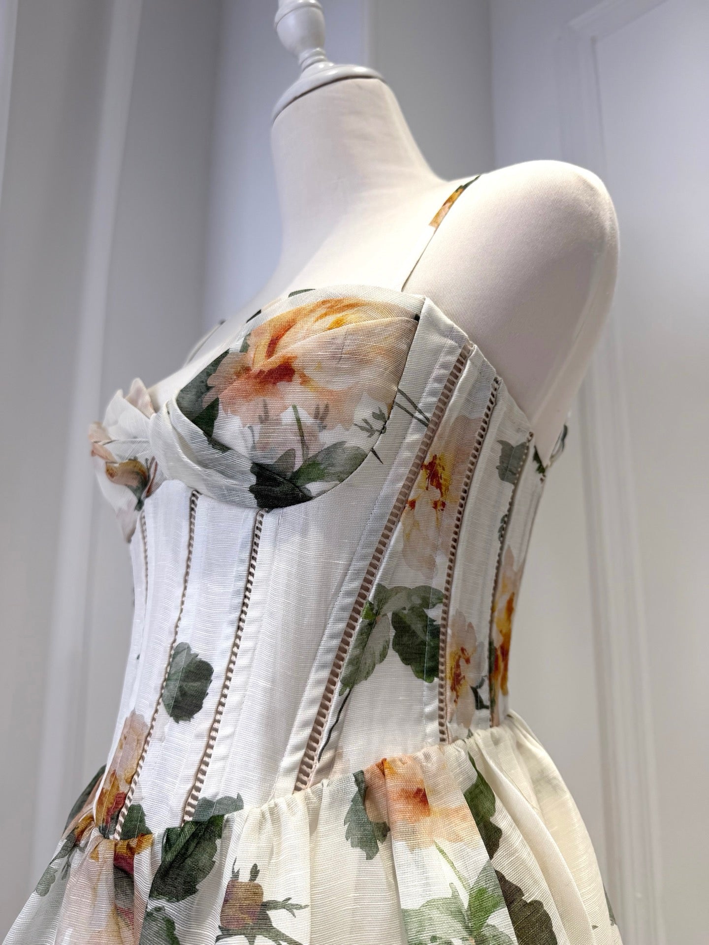 2026 WOMEN Lovestahl Yellow Rose Floral Print Corset Mini Dress Women Thin Spaghetti Strap Bow Bust Structured Waist Flare Skirt Summer Short Dress Sizes 0/1/2/3 In Stock