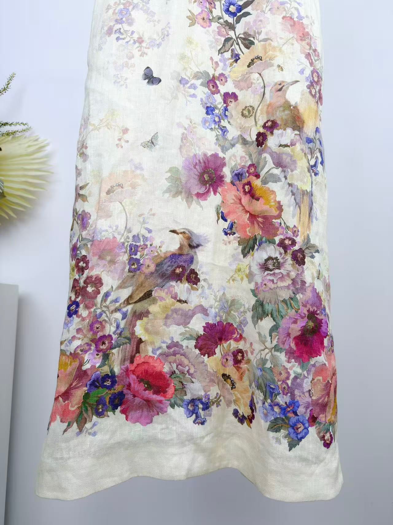 Lovestahl 100% Linen Vintage Bird Floral Print Midi Slip Dress Women Thin Spaghetti Strap Slim Bodycon Elegant Holiday Long Dress