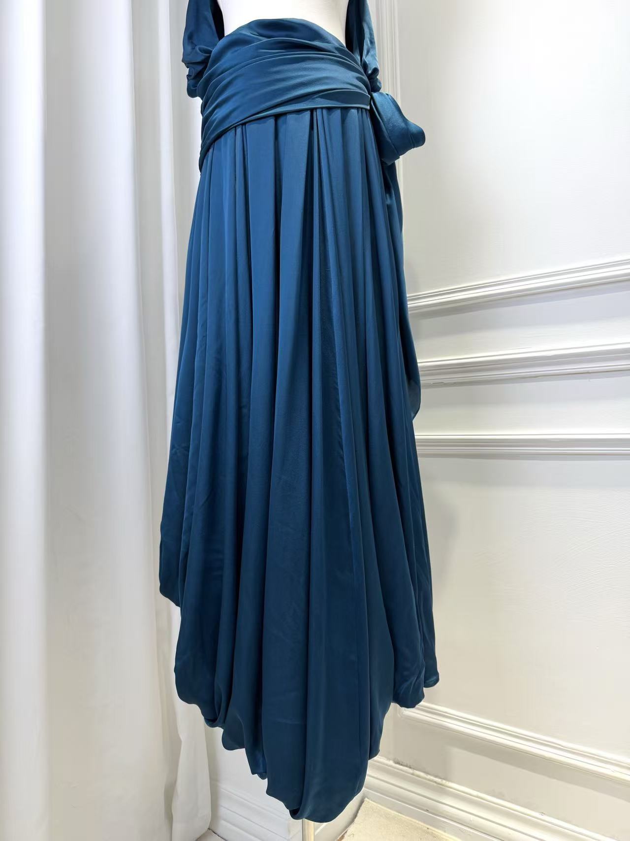 Lovestahl Frilled Halter Satin Maxi Dress Women Elastic Waist Self Tie Belt Gown Irregular Ruched Layered Long Dress Wedding Guest Formal Evening Party Dress