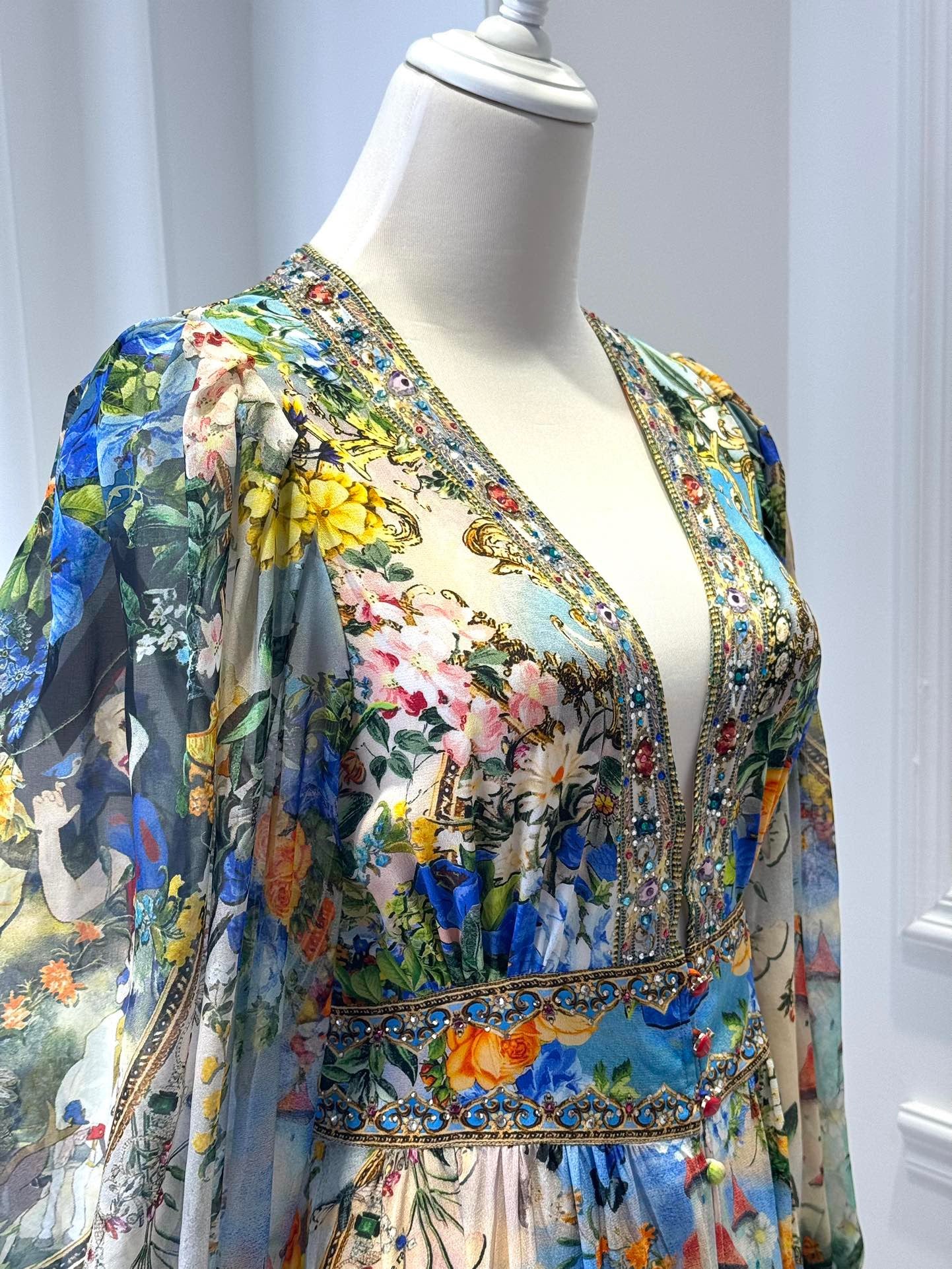 2026 WOMEN LOVESTAHL Fairytale Garden Print Maxi Dress Women Deep V Neck Rhinestone Trim Puff Long Sleeve High Waist Ruffle Hem Vacation Long Dress