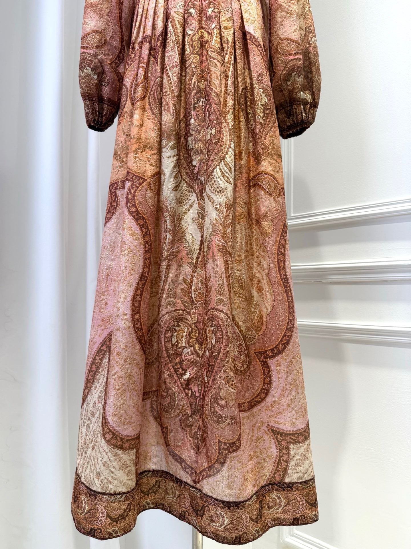 2026 women Lovestahl Women Vintage Brown Paisley Print Maxi Dress Round Neck Lantern Long Sleeve High Waist Flowy Long Chiffon Dress Bohemian Holiday Dress