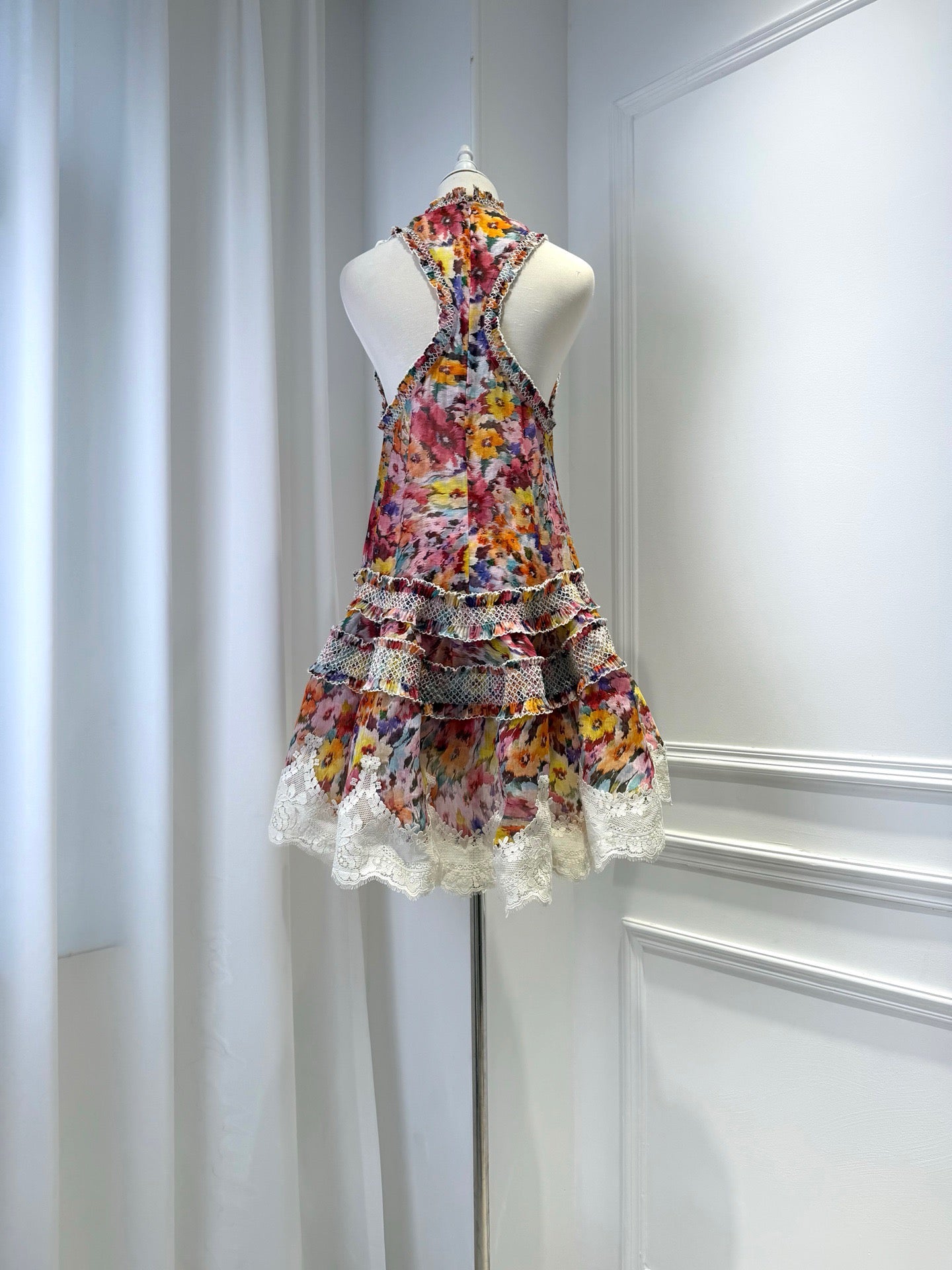 2026 women Lovestahl Women Colorful Floral Sleeveless Mini Dress High Neck Lace Ruffle Hem Loose Shift Short Dress Summer Beach Holiday Sundress