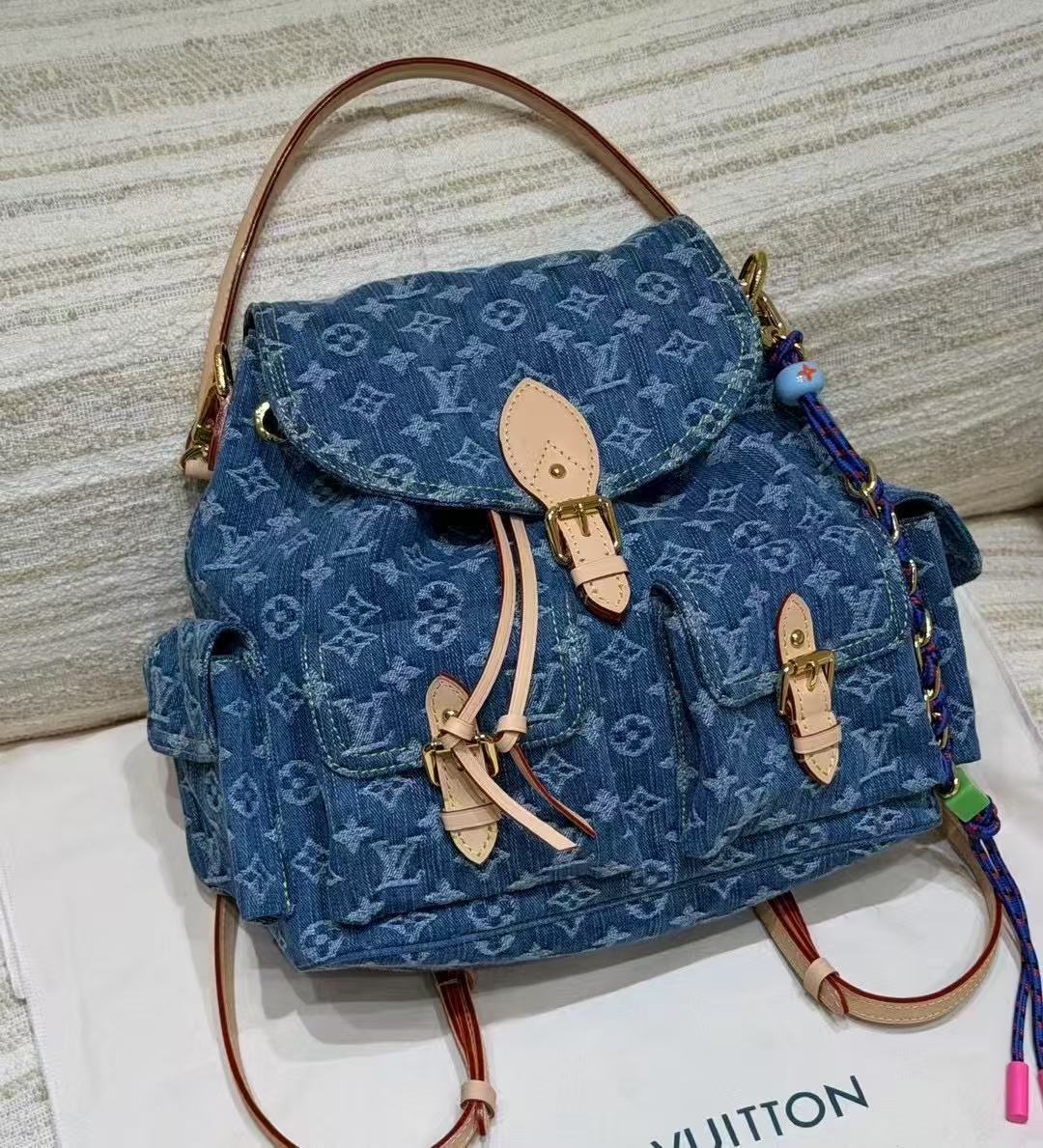 LOVESTAHL Vintage Washed Denim Convertible Cargo Drawstring Backpack with Leather Trim