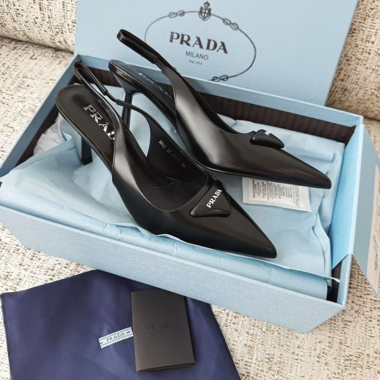 LOVESTAHL Women Pointed‑Toe Sling‑back Pumps, Genuine Cow‑Leather Triangle‑Logo Stiletto Heels, Elastic Back‑Strap Elegant Formal Dress Shoes