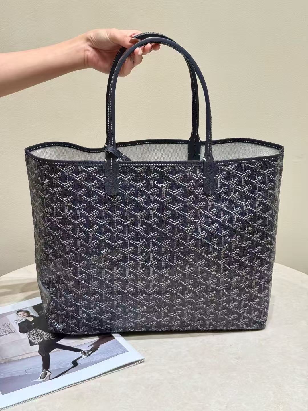 LOVESTAHL Reversible Green Monogram Canvas Shopping Tote Bag, Two Sizes GM & PM Calfskin Trim Shoulder Handbag