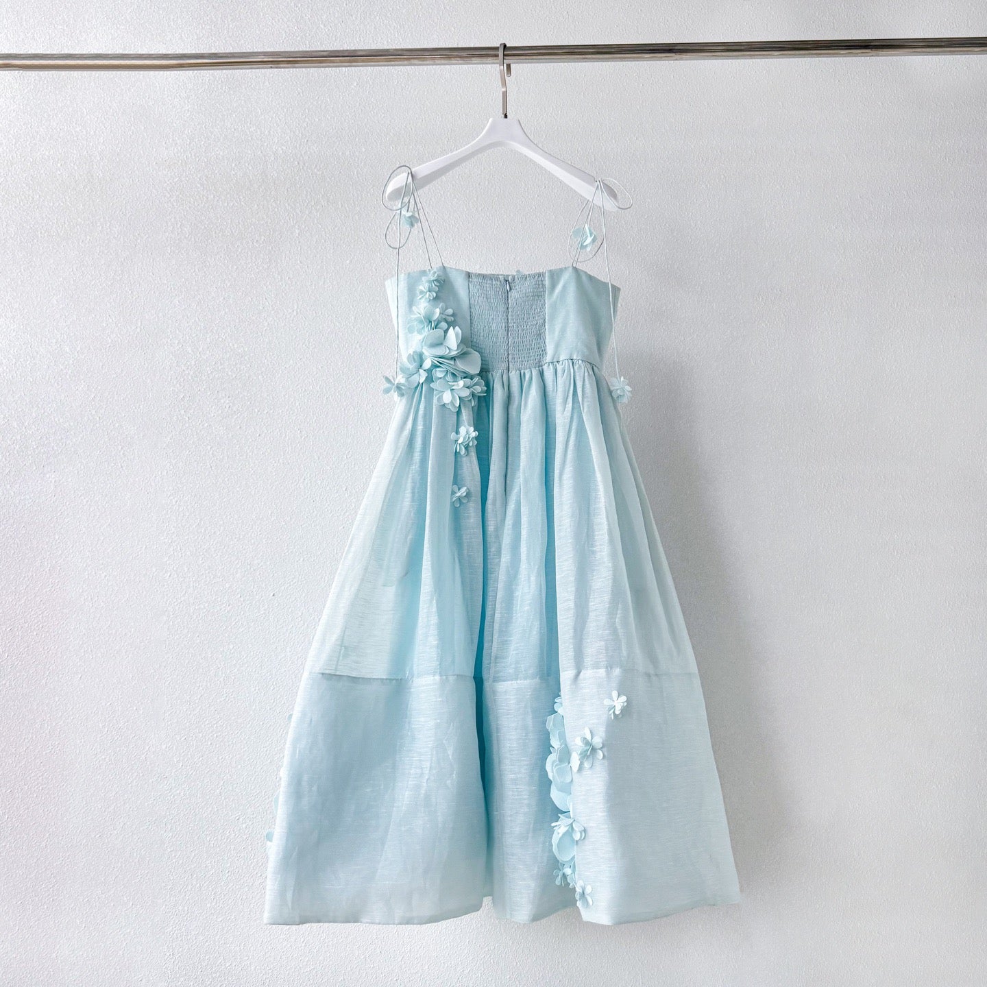 Lovestahl 3D Floral Appliqué Spaghetti Strap Midi Dress Women 52% Linen 48% Silk Flowy A Line Wedding Guest Party Long Dress Sizes 0/1/2/3 In Stock
