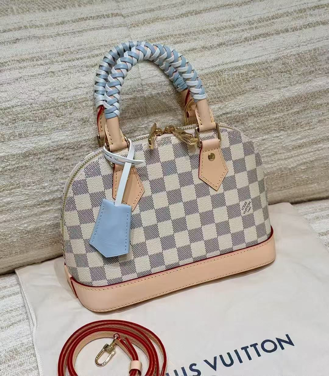LOVESTAHL Summer White Check Shell Bag with Braided Top Handle Convertible Crossbody Handbag Size 25